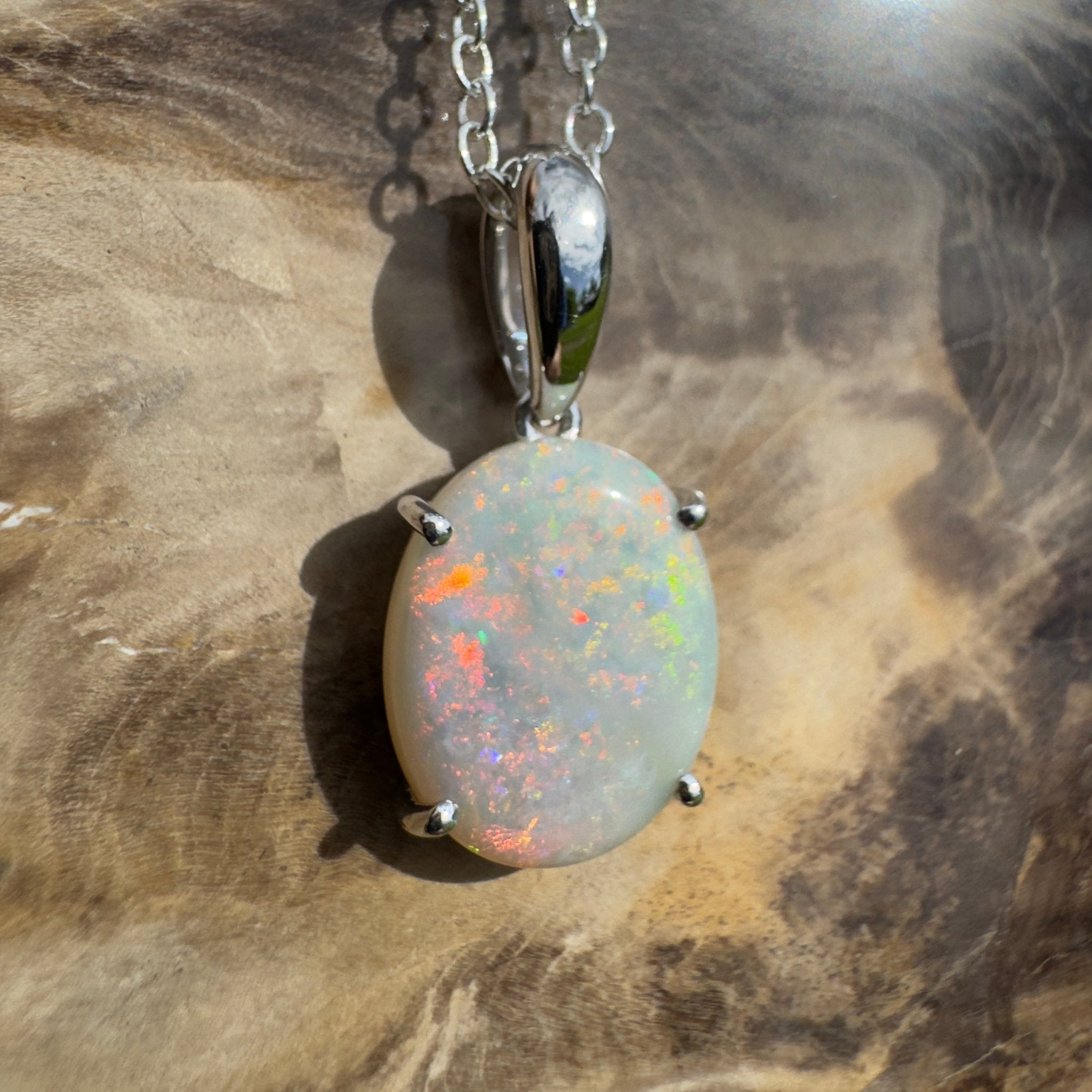 3ct Coober Pedy Crystal Opal Pendant Necklace ~ 'Mungo Wildfire' | 925 Sterling Silver | Solid Australian Opal