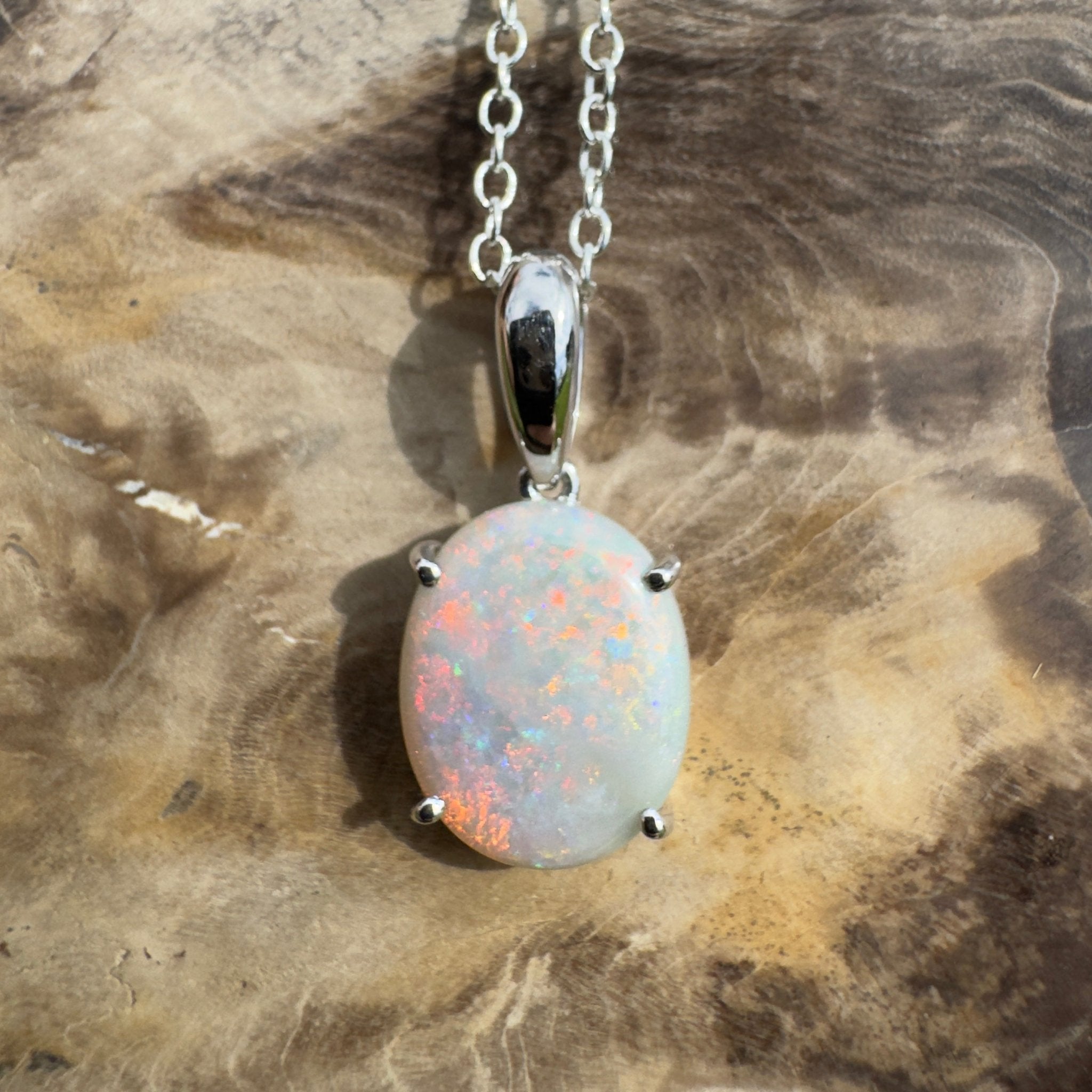 3ct Coober Pedy Crystal Opal Pendant Necklace ~ 'Mungo Wildfire' | 925 Sterling Silver | Solid Australian Opal