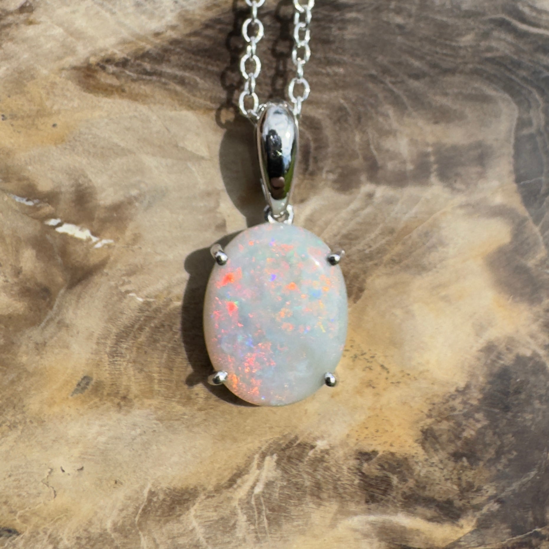 3ct Coober Pedy Crystal Opal Pendant Necklace ~ 'Mungo Wildfire' | 925 Sterling Silver | Solid Australian Opal
