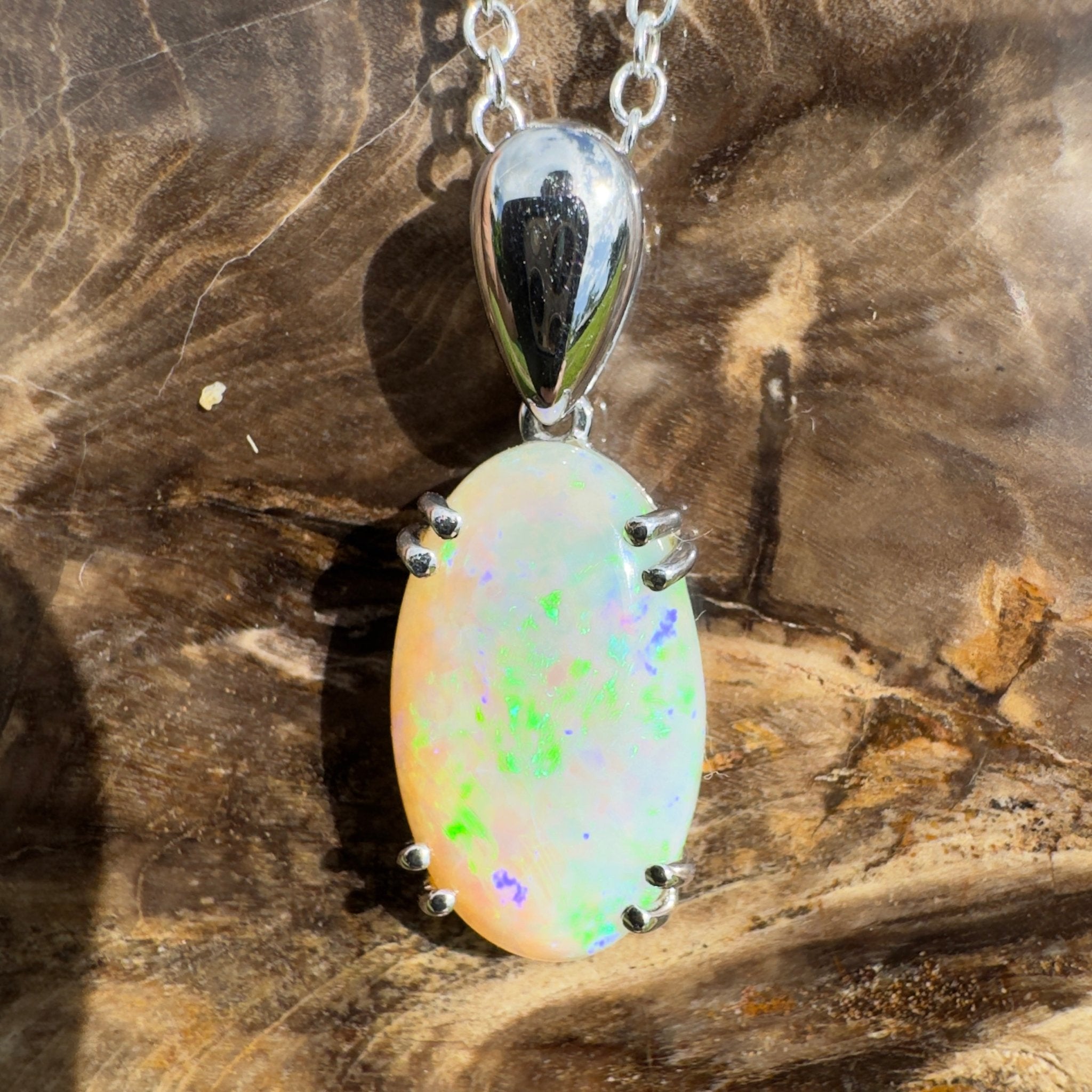 4.1ct Coober Pedy Crystal Opal Pendant Necklace ~ 'Moreton Ripple' | 925 Sterling Silver | Solid Australian Opal
