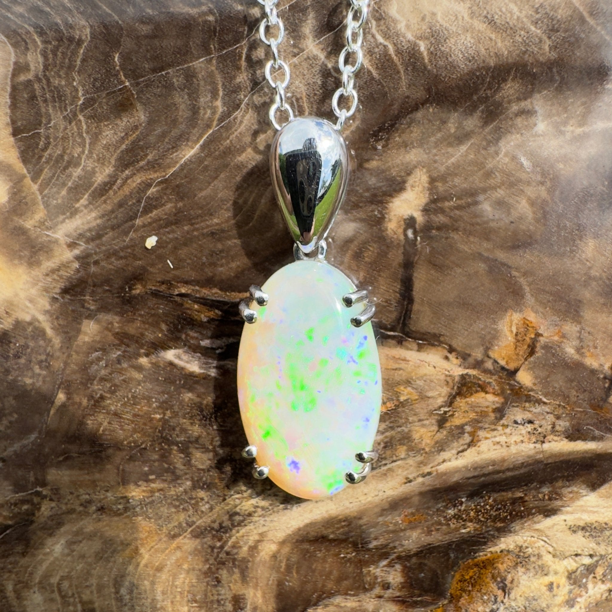 4.1ct Coober Pedy Crystal Opal Pendant Necklace ~ 'Moreton Ripple' | 925 Sterling Silver | Solid Australian Opal