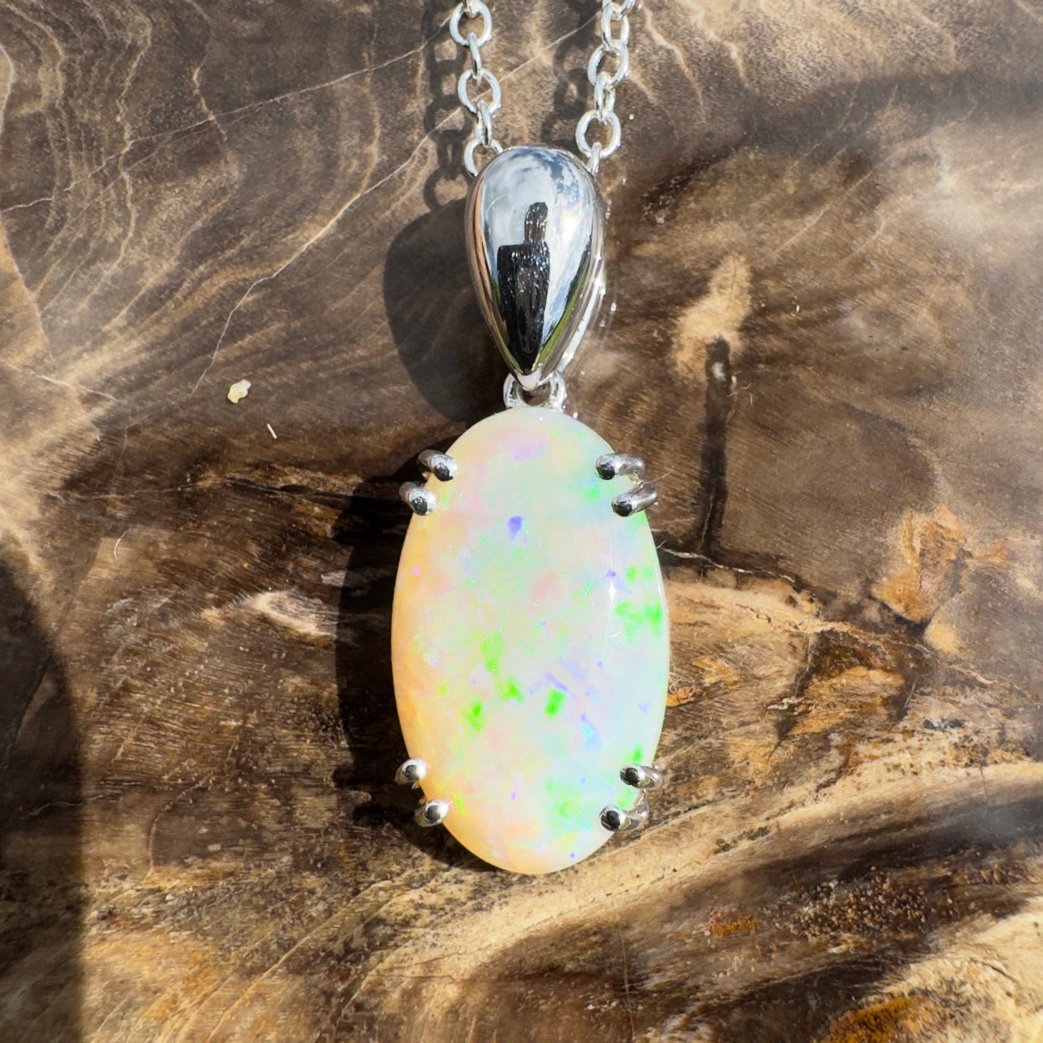4.1ct Coober Pedy Crystal Opal Pendant Necklace ~ 'Moreton Ripple' | 925 Sterling Silver | Solid Australian Opal