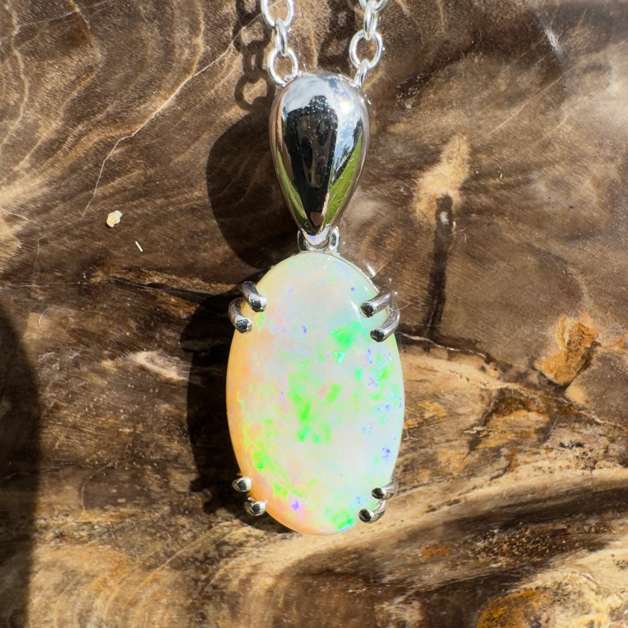 4.1ct Coober Pedy Crystal Opal Pendant Necklace ~ 'Moreton Ripple' | 925 Sterling Silver | Solid Australian Opal