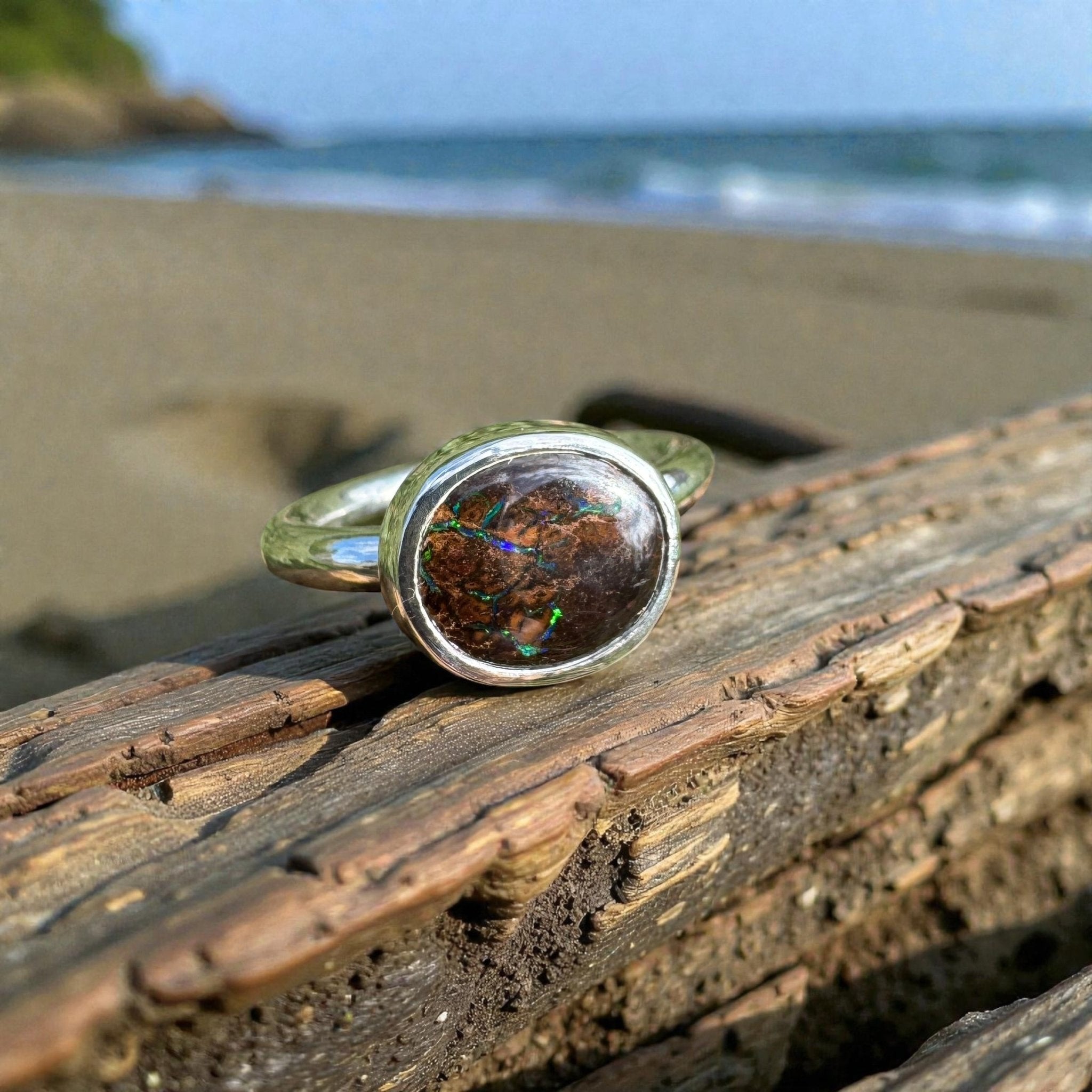 4.3ct Solid Queensland Boulder Opal Ring 'Shimmery Simpson Plains' | 925 Sterling Silver | Solid Australian Opal