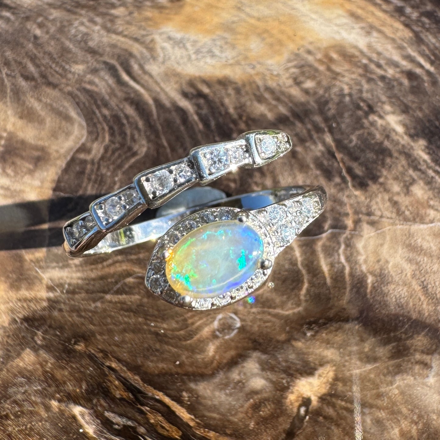 ‘Lagoon Blues' ~ Handcrafted 0.5ct Solid Lightning Ridge Opal and Cubic Zirconia Sterling Silver Ring