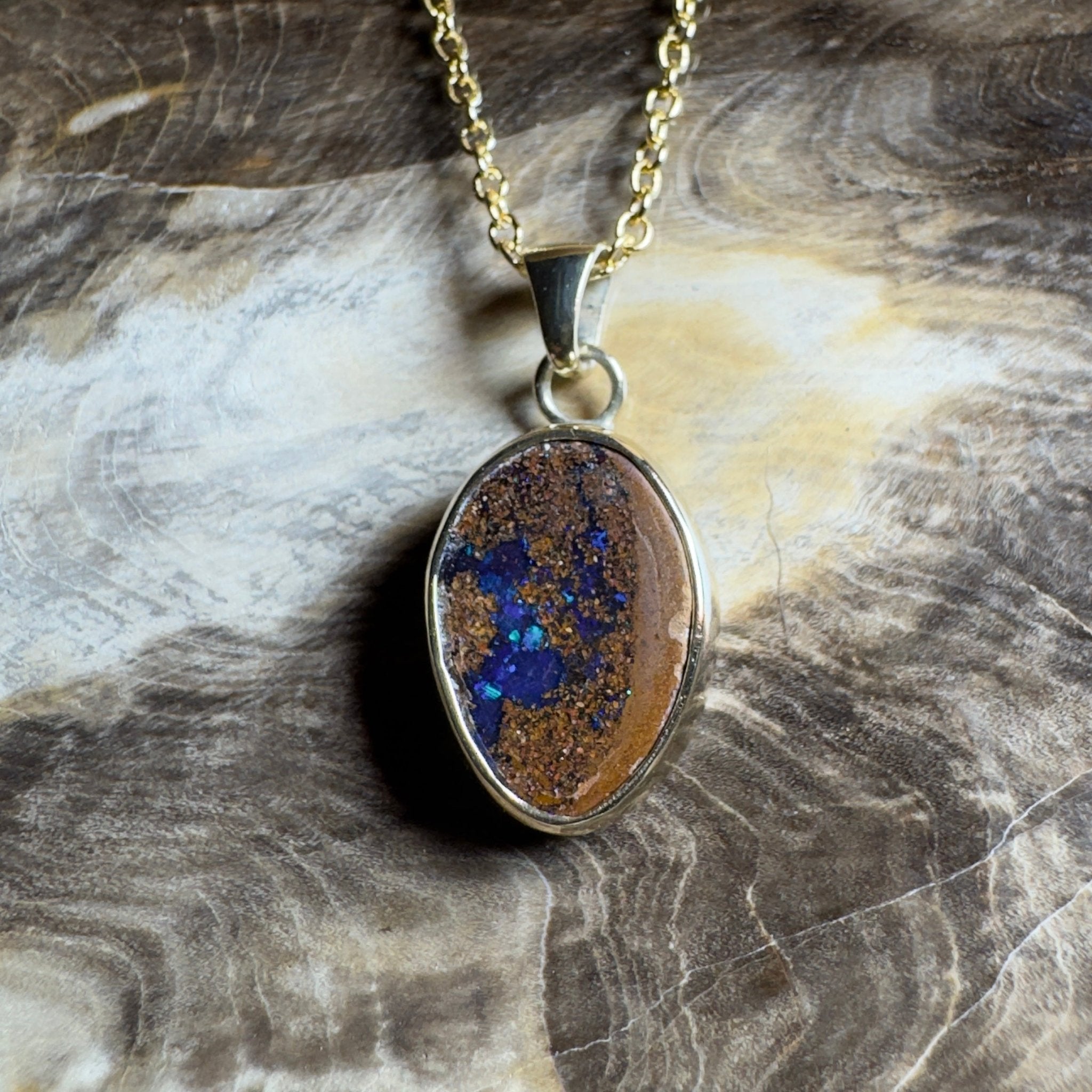 6.2ct Queensland Boulder Opal Pendant Necklace ~ 'Winton Earth & Sky' | 9ct Gold & 925 Sterling Silver | Solid Australian Opal