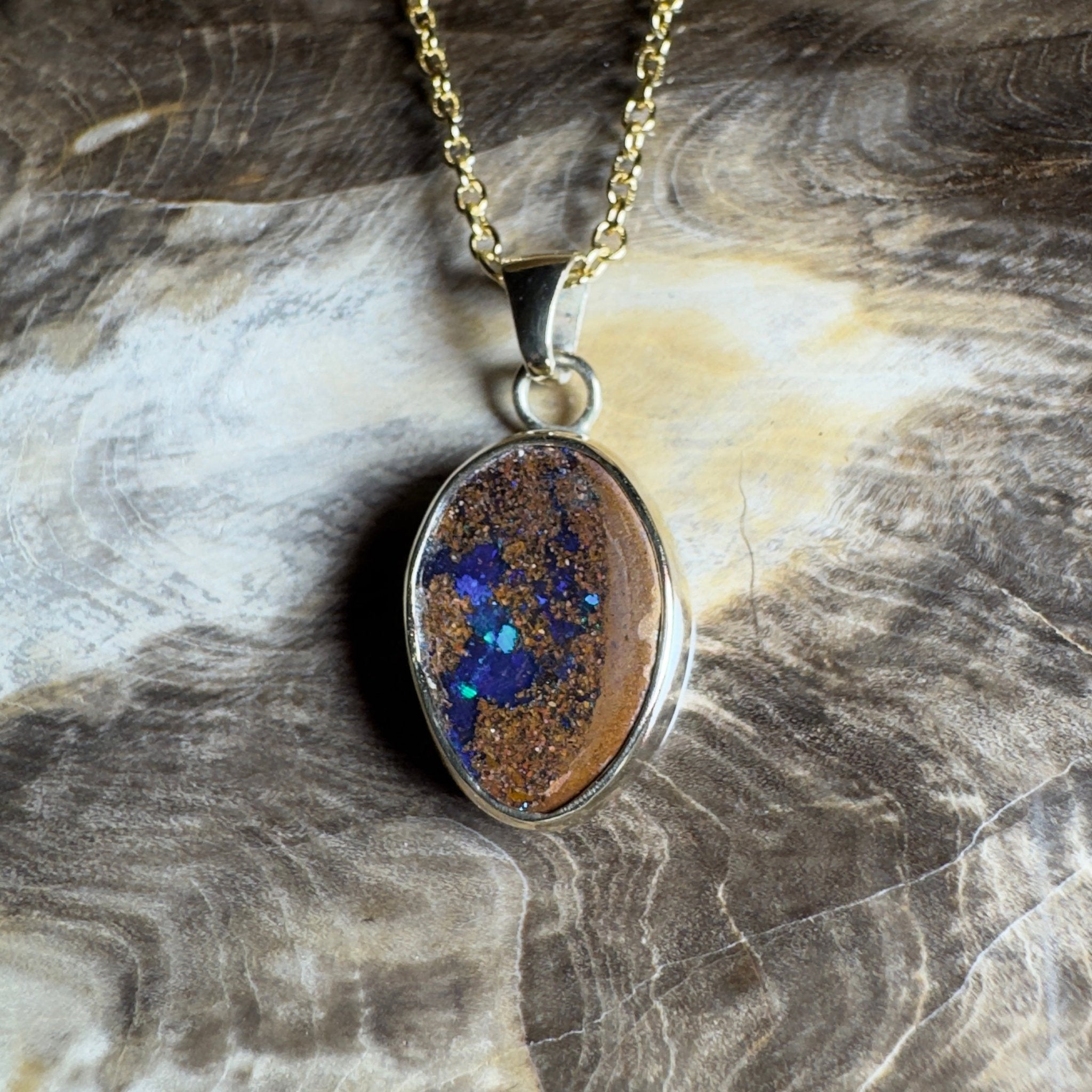 6.2ct Queensland Boulder Opal Pendant Necklace ~ 'Winton Earth & Sky' | 9ct Gold & 925 Sterling Silver | Solid Australian Opal