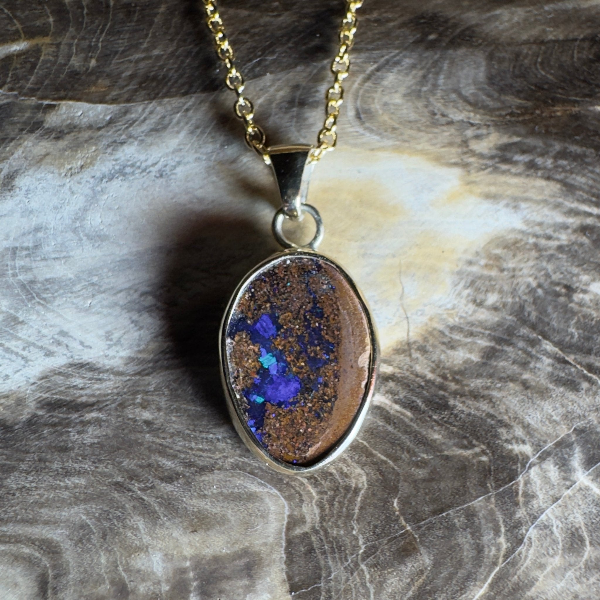 6.2ct Queensland Boulder Opal Pendant Necklace ~ 'Winton Earth & Sky' | 9ct Gold & 925 Sterling Silver | Solid Australian Opal