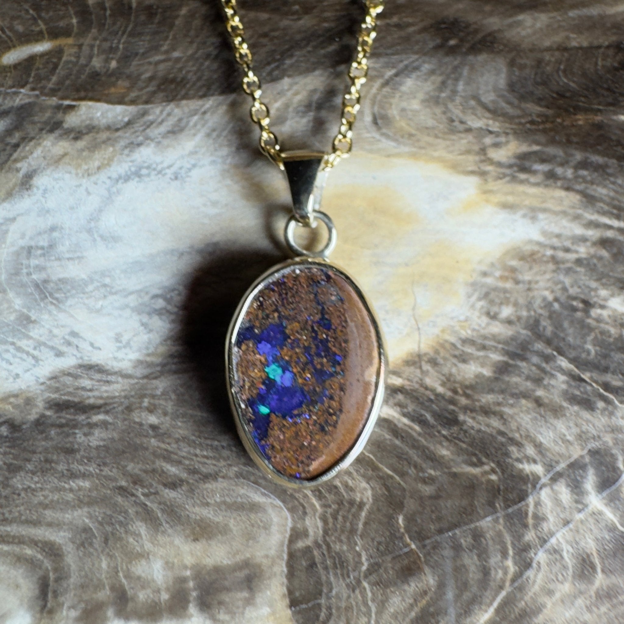 6.2ct Queensland Boulder Opal Pendant Necklace ~ 'Winton Earth & Sky' | 9ct Gold & 925 Sterling Silver | Solid Australian Opal