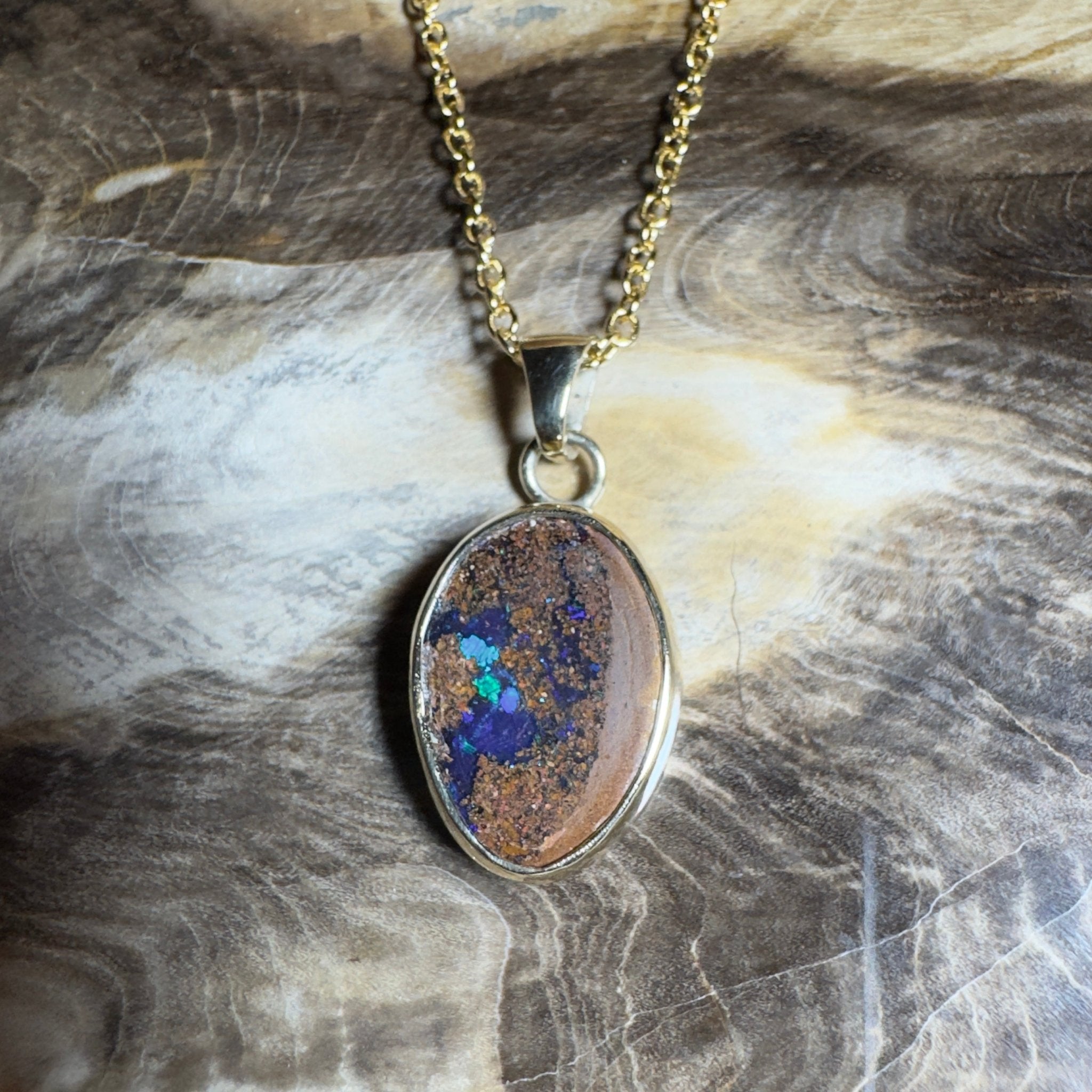 6.2ct Queensland Boulder Opal Pendant Necklace ~ 'Winton Earth & Sky' | 9ct Gold & 925 Sterling Silver | Solid Australian Opal