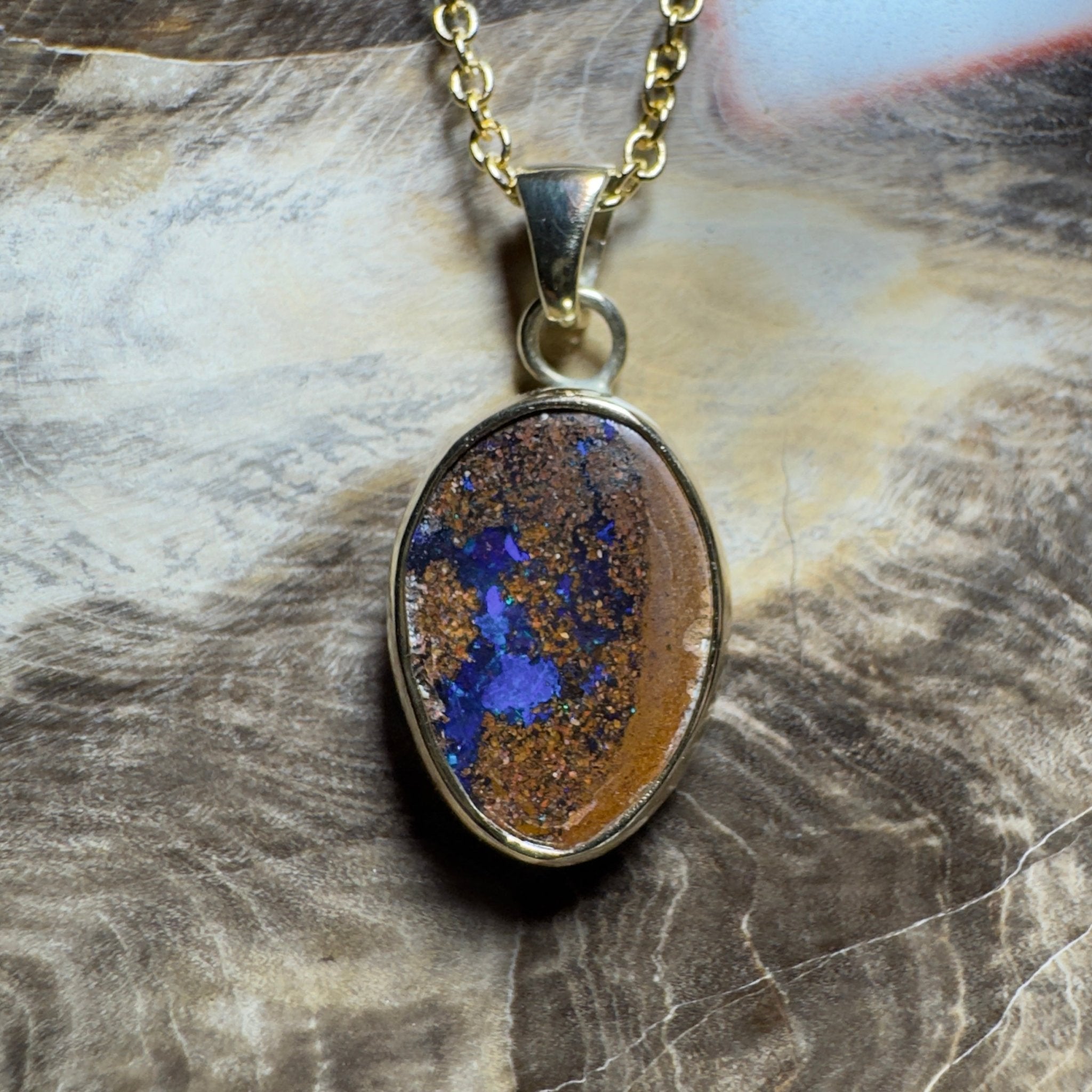6.2ct Queensland Boulder Opal Pendant Necklace ~ 'Winton Earth & Sky' | 9ct Gold & 925 Sterling Silver | Solid Australian Opal