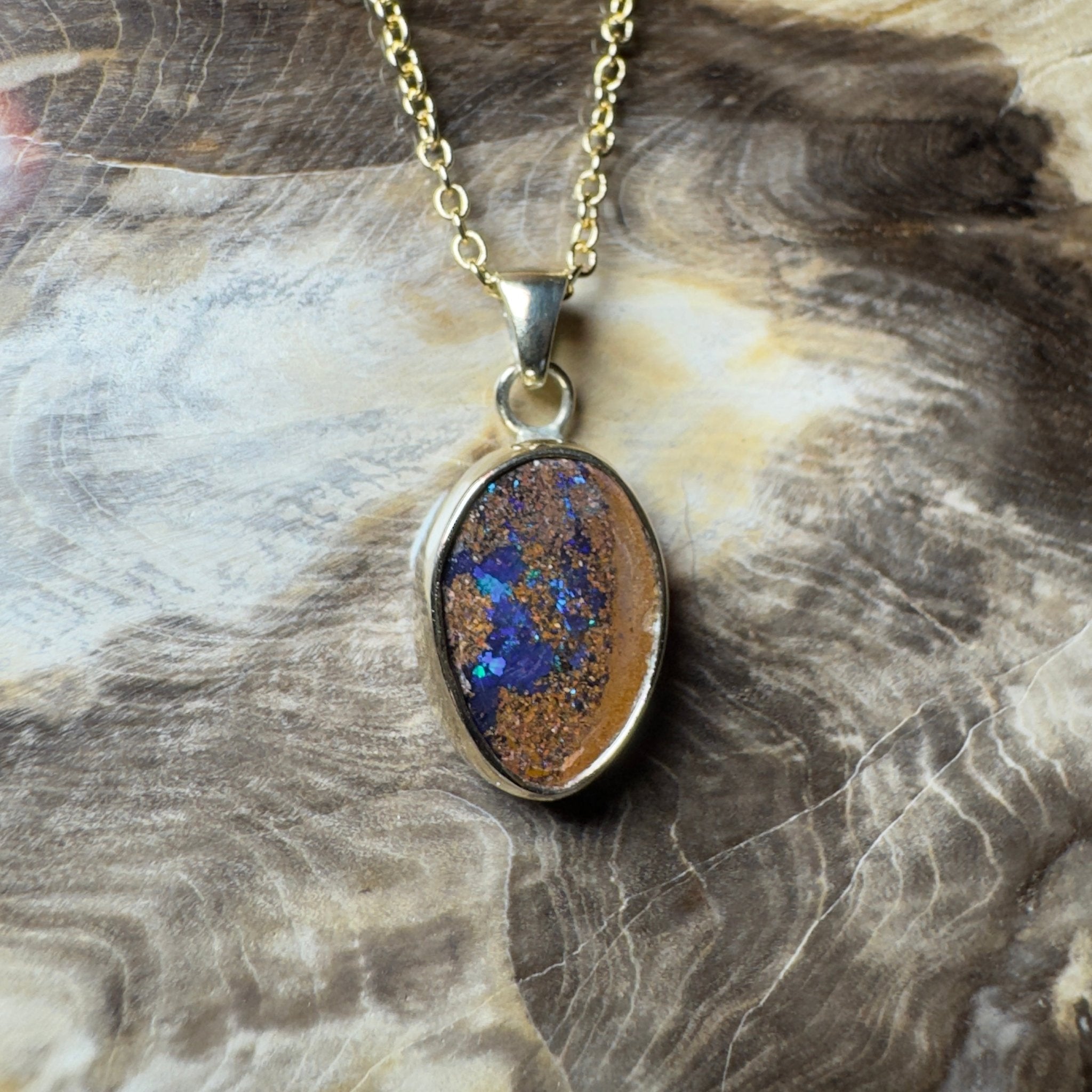 6.2ct Queensland Boulder Opal Pendant Necklace ~ 'Winton Earth & Sky' | 9ct Gold & 925 Sterling Silver | Solid Australian Opal