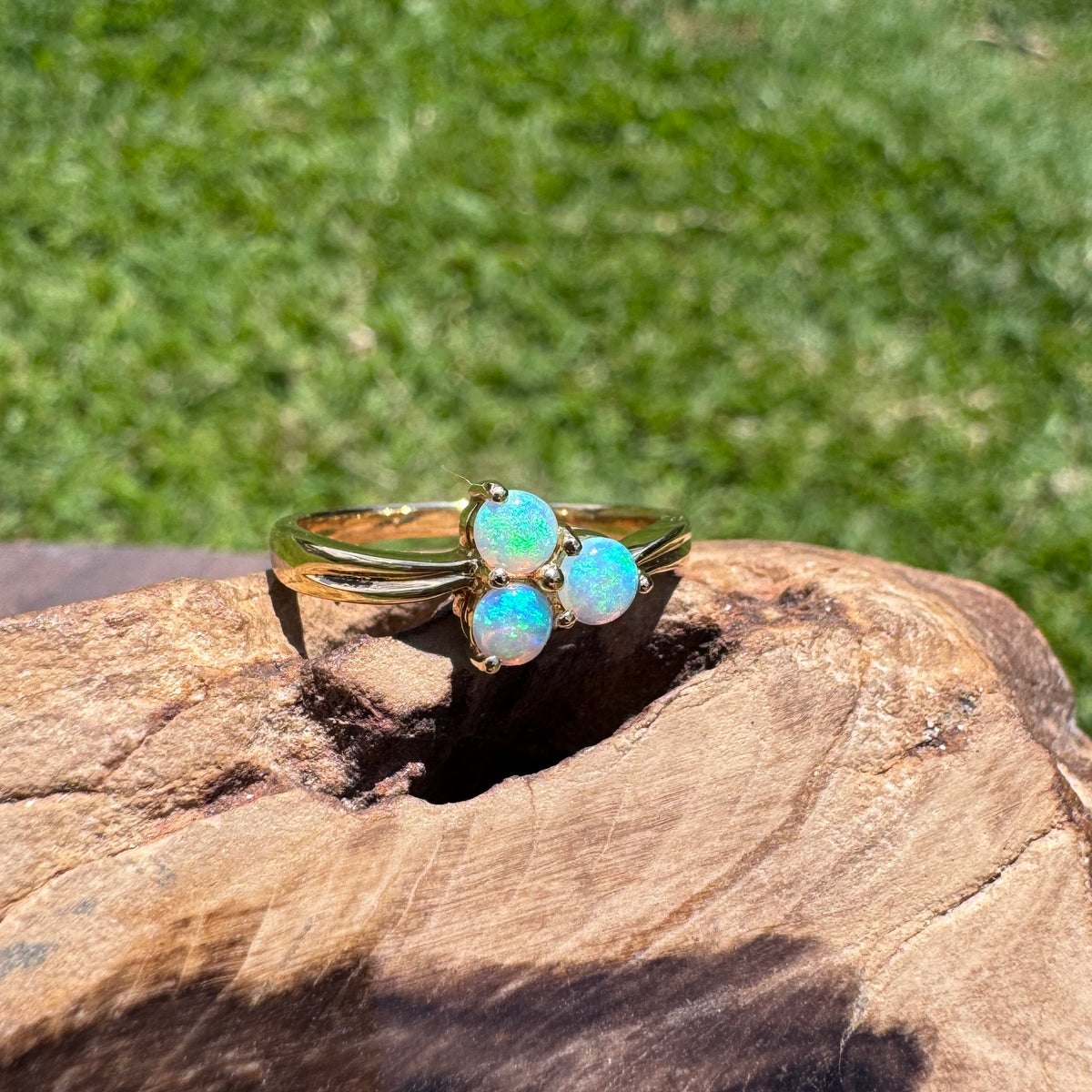 0.3ct Lightning Ridge Opal Ring ~ 'Kings Canyon Trio' | 14ct Yellow Gold | Solid Australian Opal