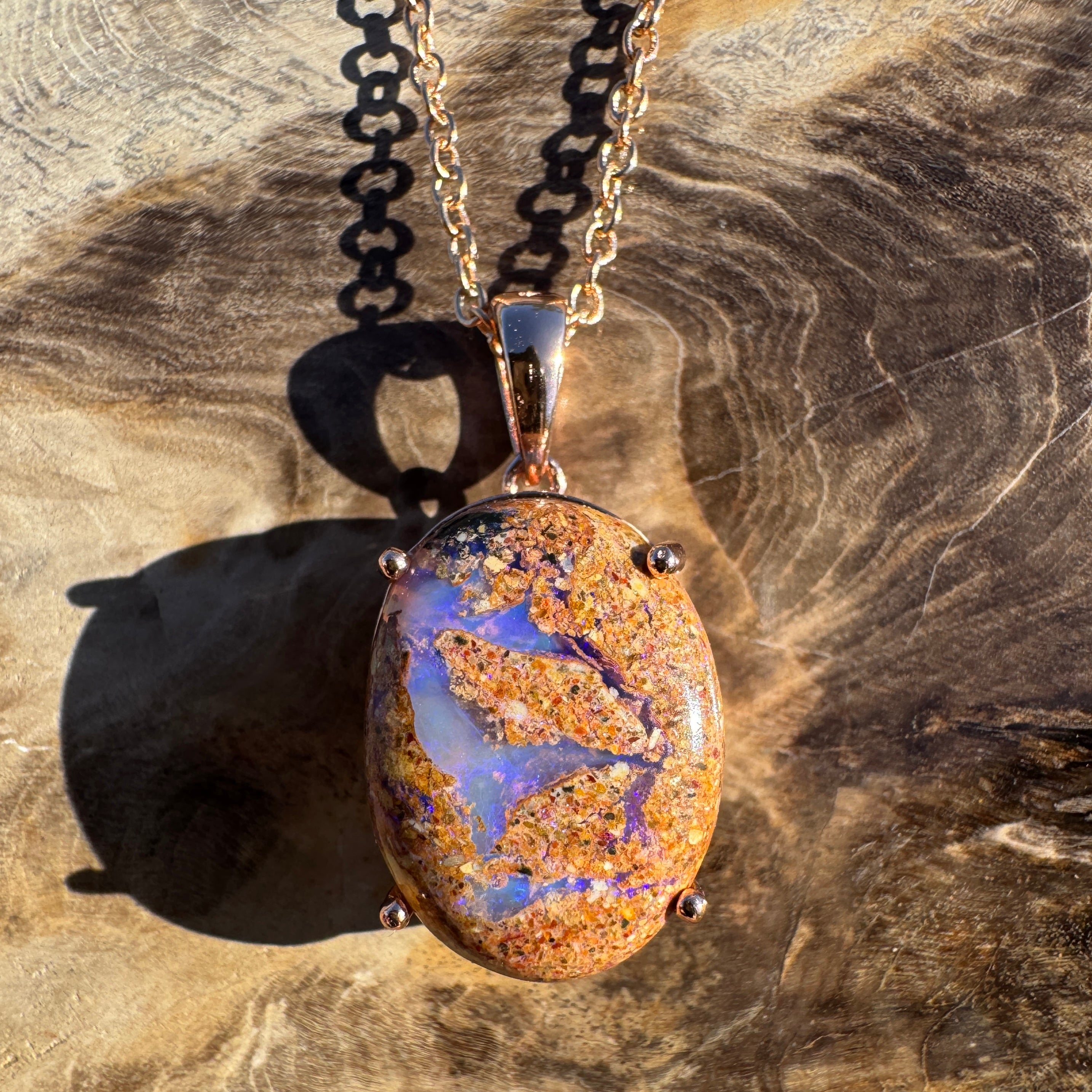 8.2ct Queensland Opal Pendant Necklace ~ 'Quilpie Twilight' | Rose Gold Coated 925 Sterling Silver | Solid Australian Opal