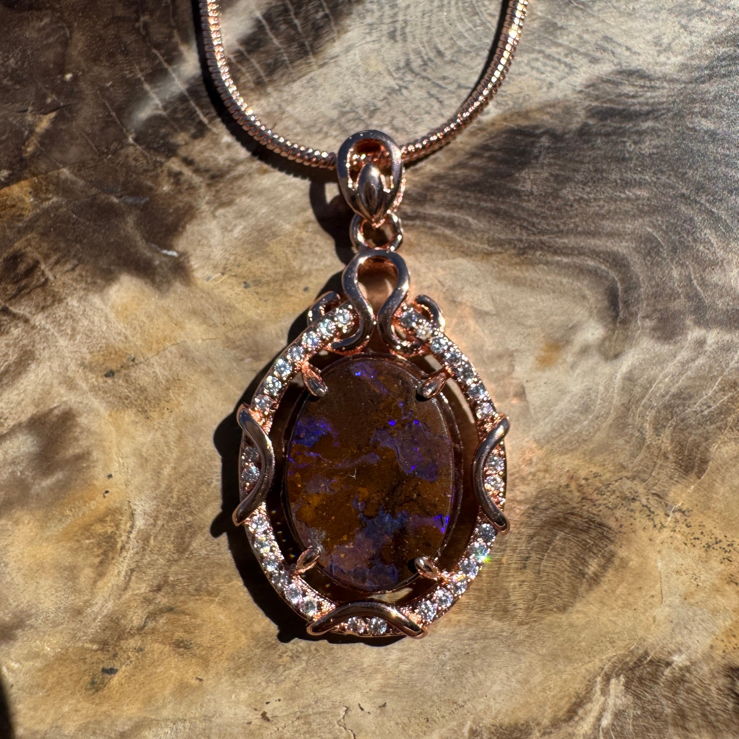 3.2ct Queensland Opal Pendant Necklace ~ 'Kangaroo Island Amethyst' | Rose Gold Coated 925 Sterling Silver | Solid Australian Opal