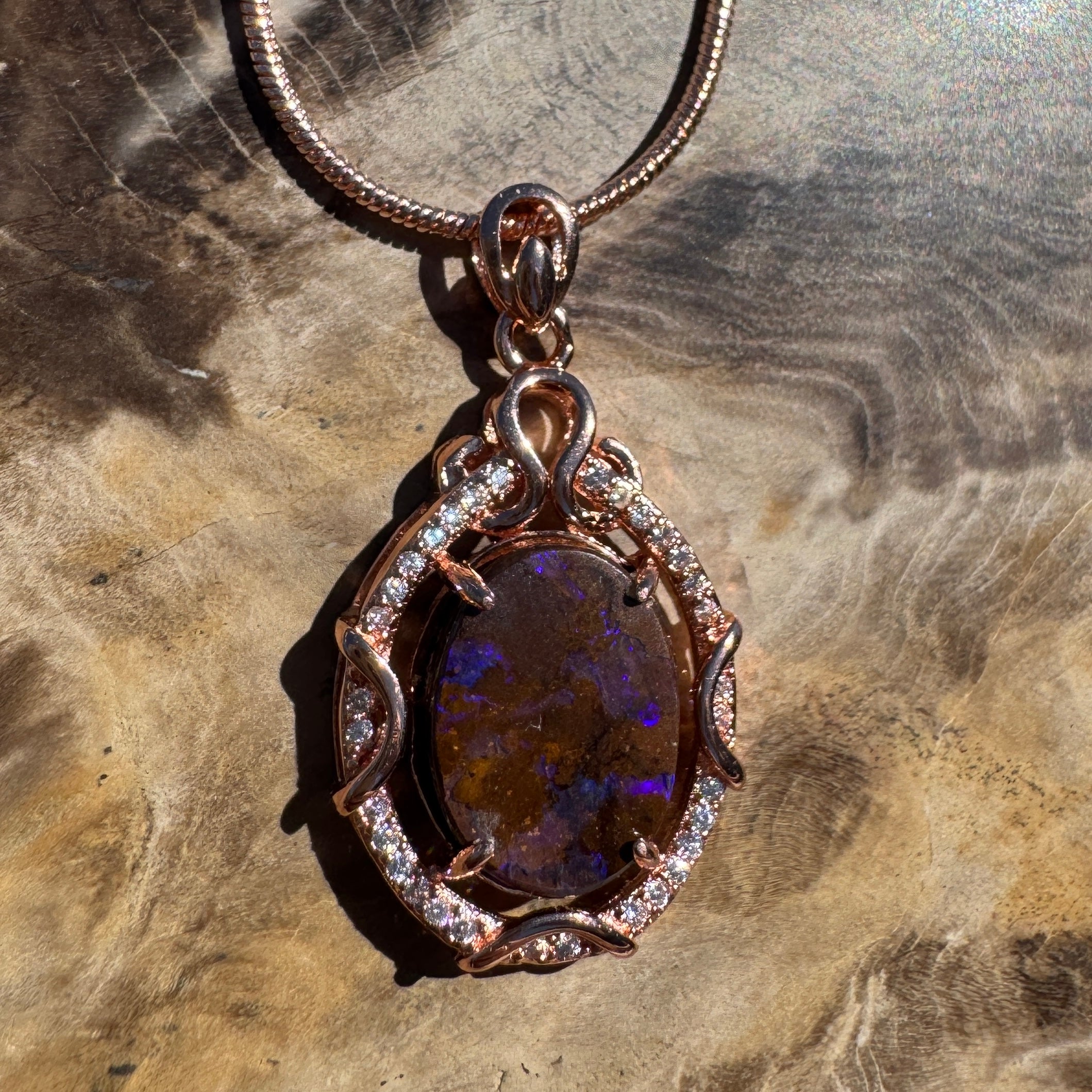 3.2ct Queensland Opal Pendant Necklace ~ 'Kangaroo Island Amethyst' | Rose Gold Coated 925 Sterling Silver | Solid Australian Opal