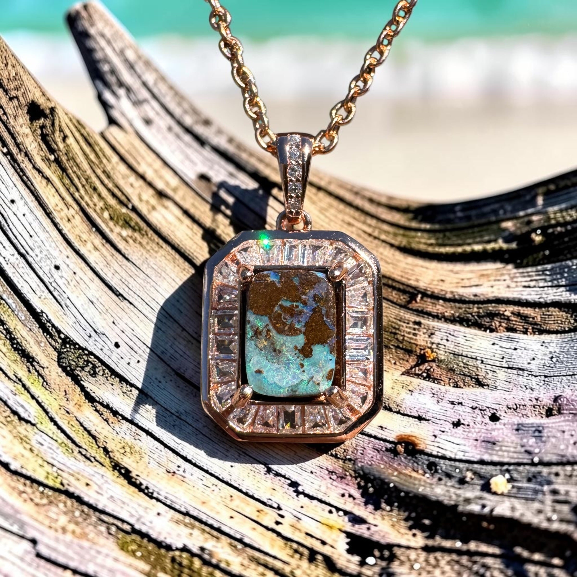 1.1ct Queensland Opal Pendant Necklace ~ 'Byron Bay Blue' | Rose Gold Coated 925 Sterling Silver | Solid Australian Opal