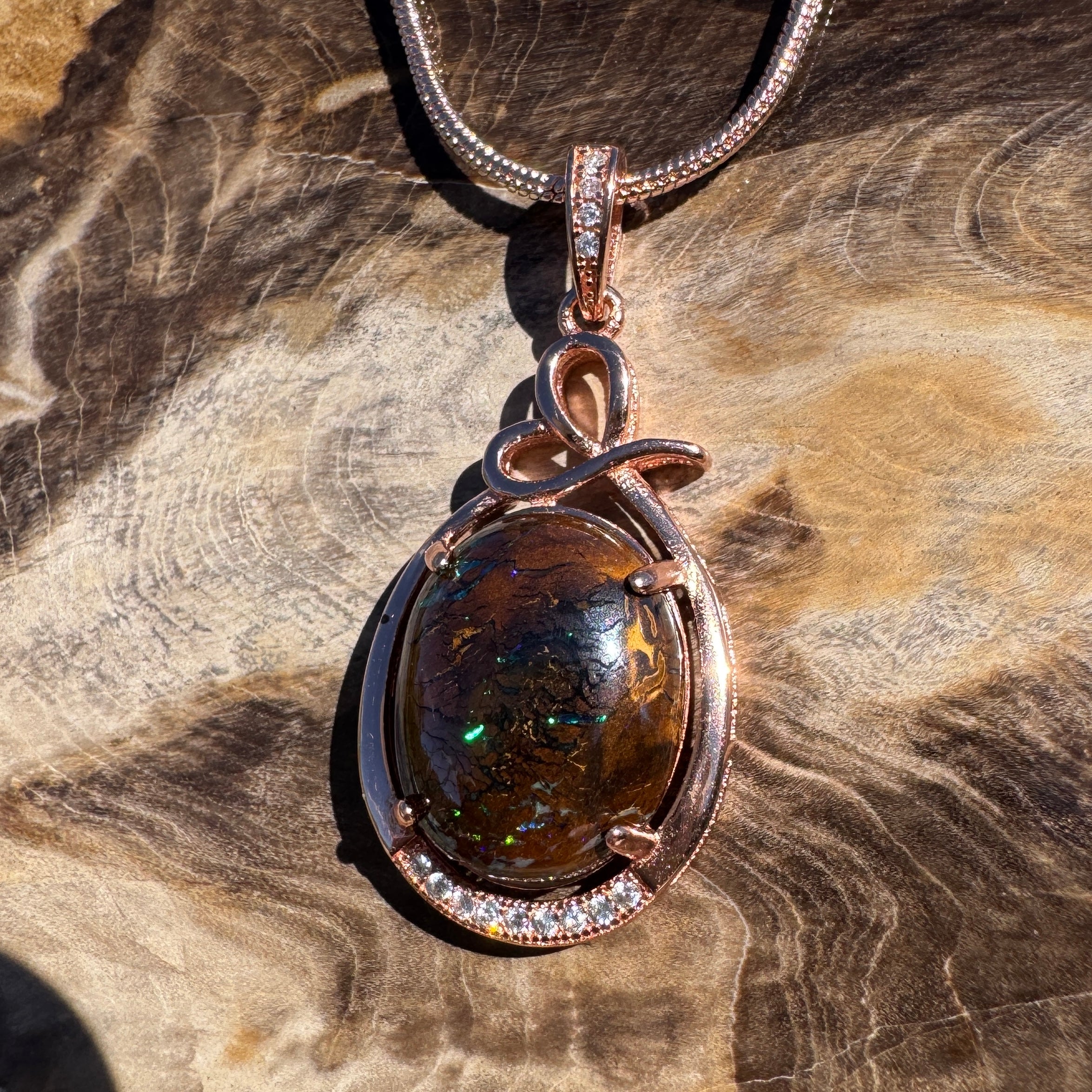 9.8ct Queensland Opal Pendant Necklace ~ 'Mount Buffalo Blues' | Rose Gold Coated 925 Sterling Silver | Solid Australian Opal