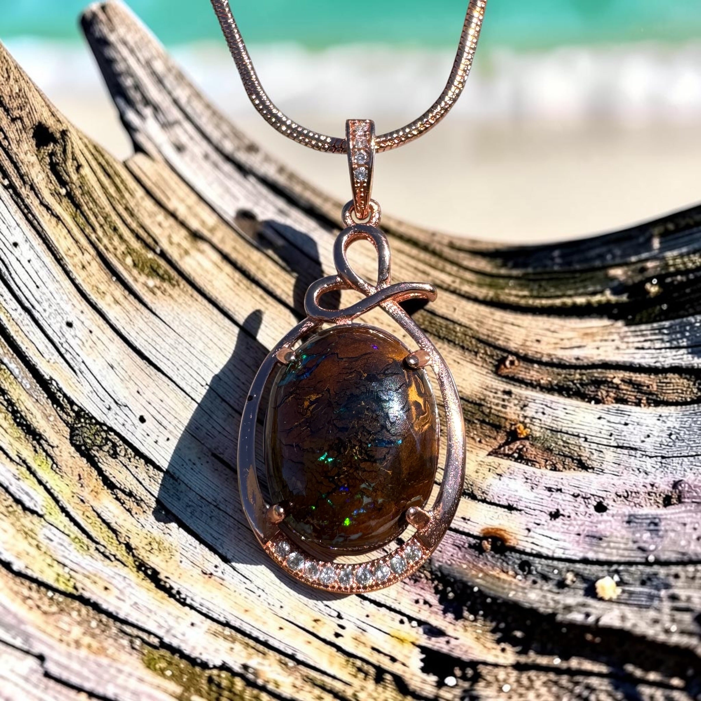 9.8ct Queensland Opal Pendant Necklace ~ 'Mount Buffalo Blues' | Rose Gold Coated 925 Sterling Silver | Solid Australian Opal