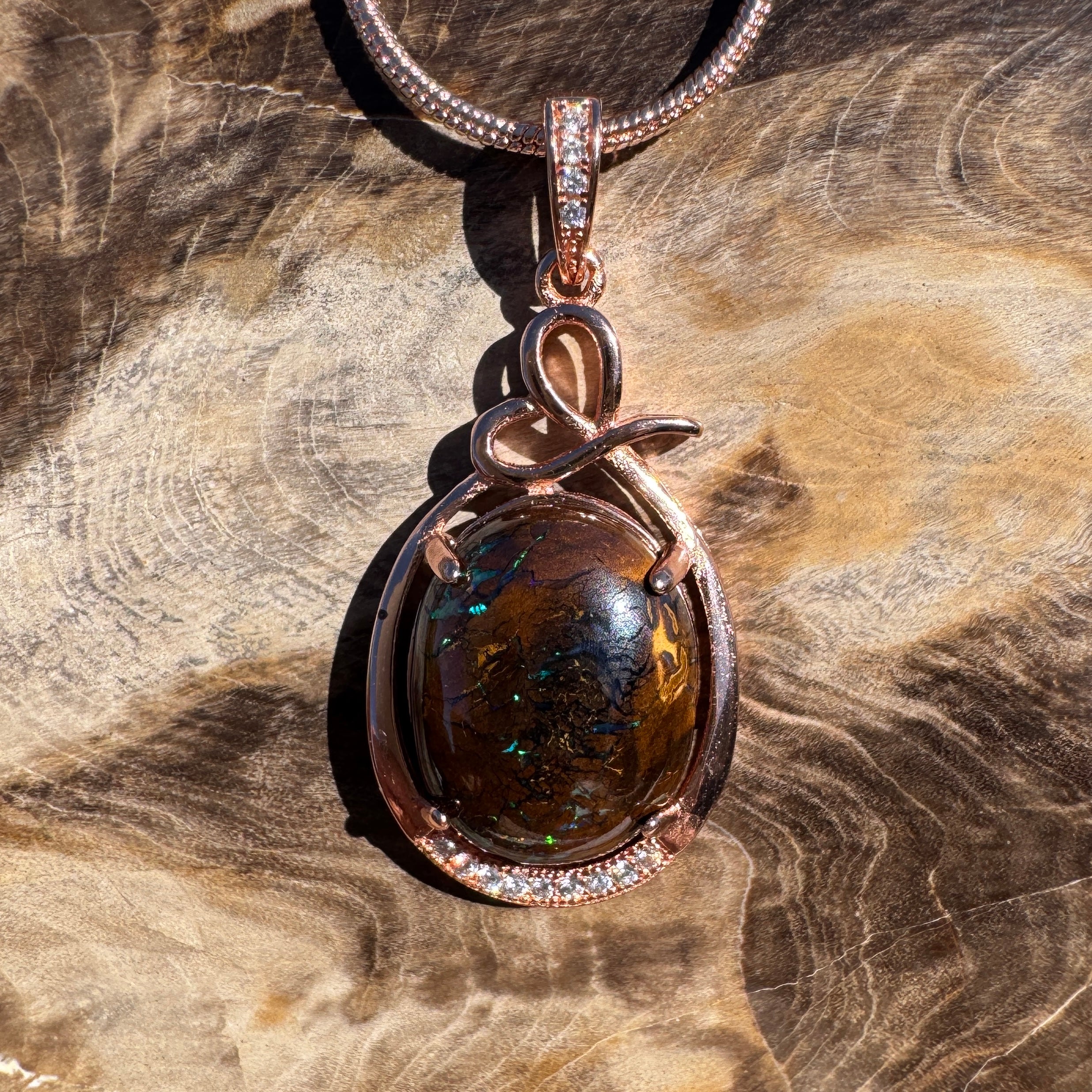 9.8ct Queensland Opal Pendant Necklace ~ 'Mount Buffalo Blues' | Rose Gold Coated 925 Sterling Silver | Solid Australian Opal