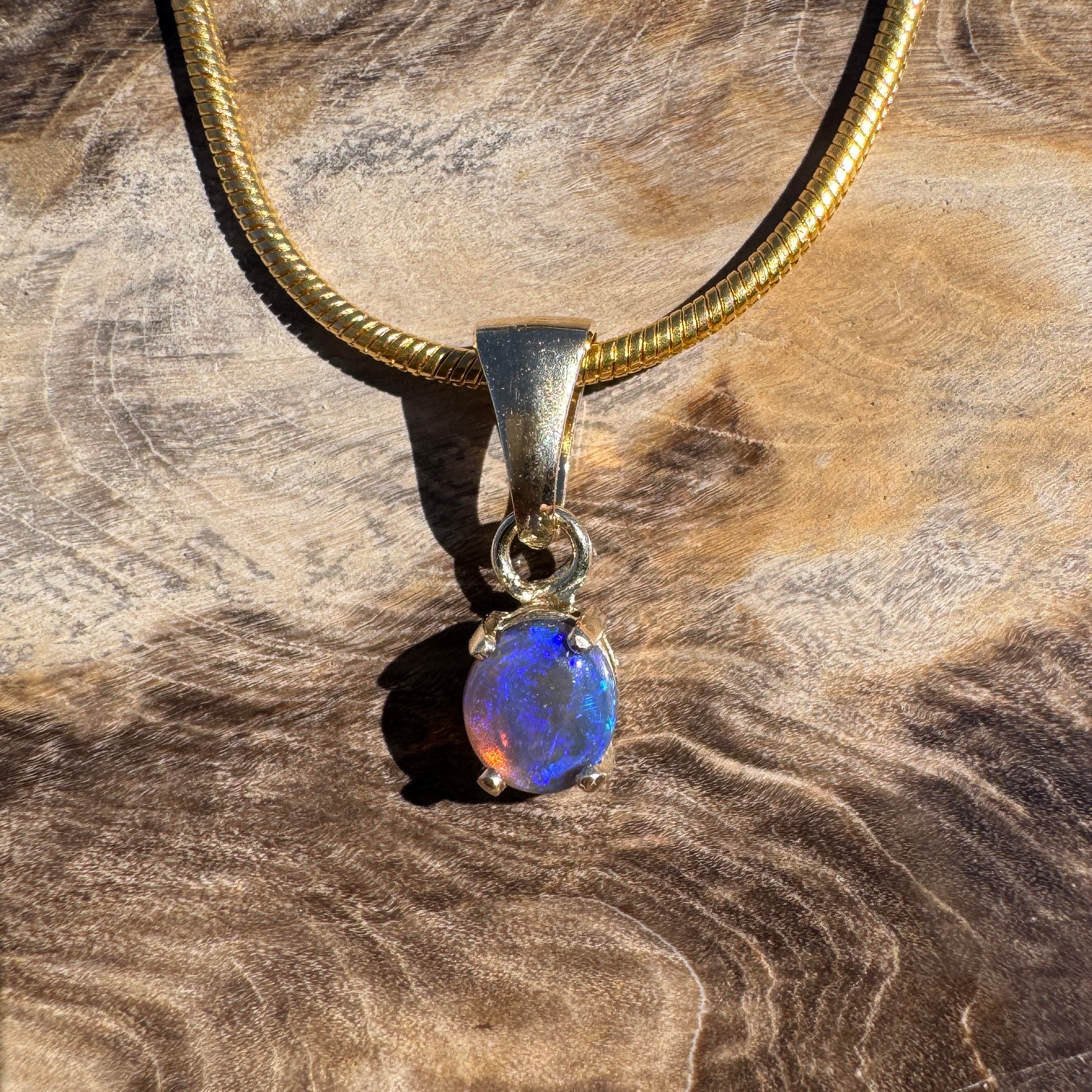 0.3ct Lightning Ridge Semi Black Opal Pendant Necklace ~ 'Broome Violet' | 9ct Yellow Gold | Solid Australian Opal