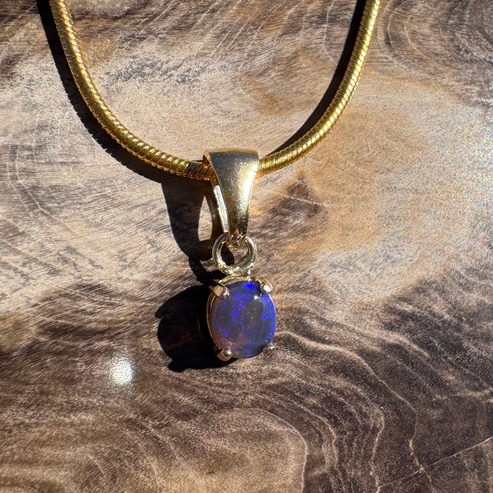 0.3ct Lightning Ridge Semi Black Opal Pendant Necklace ~ 'Broome Violet' | 9ct Yellow Gold | Solid Australian Opal