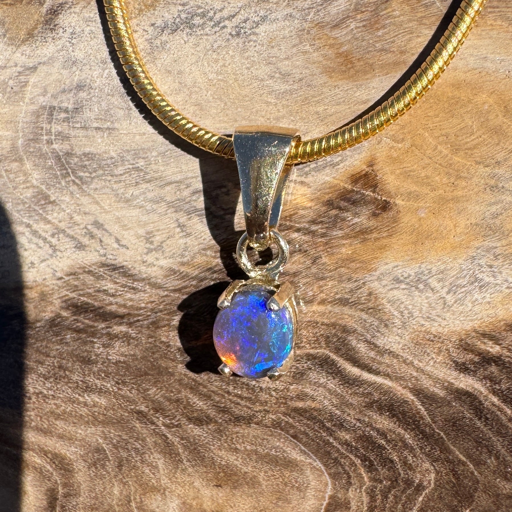 0.3ct Lightning Ridge Semi Black Opal Pendant Necklace ~ 'Broome Violet' | 9ct Yellow Gold | Solid Australian Opal