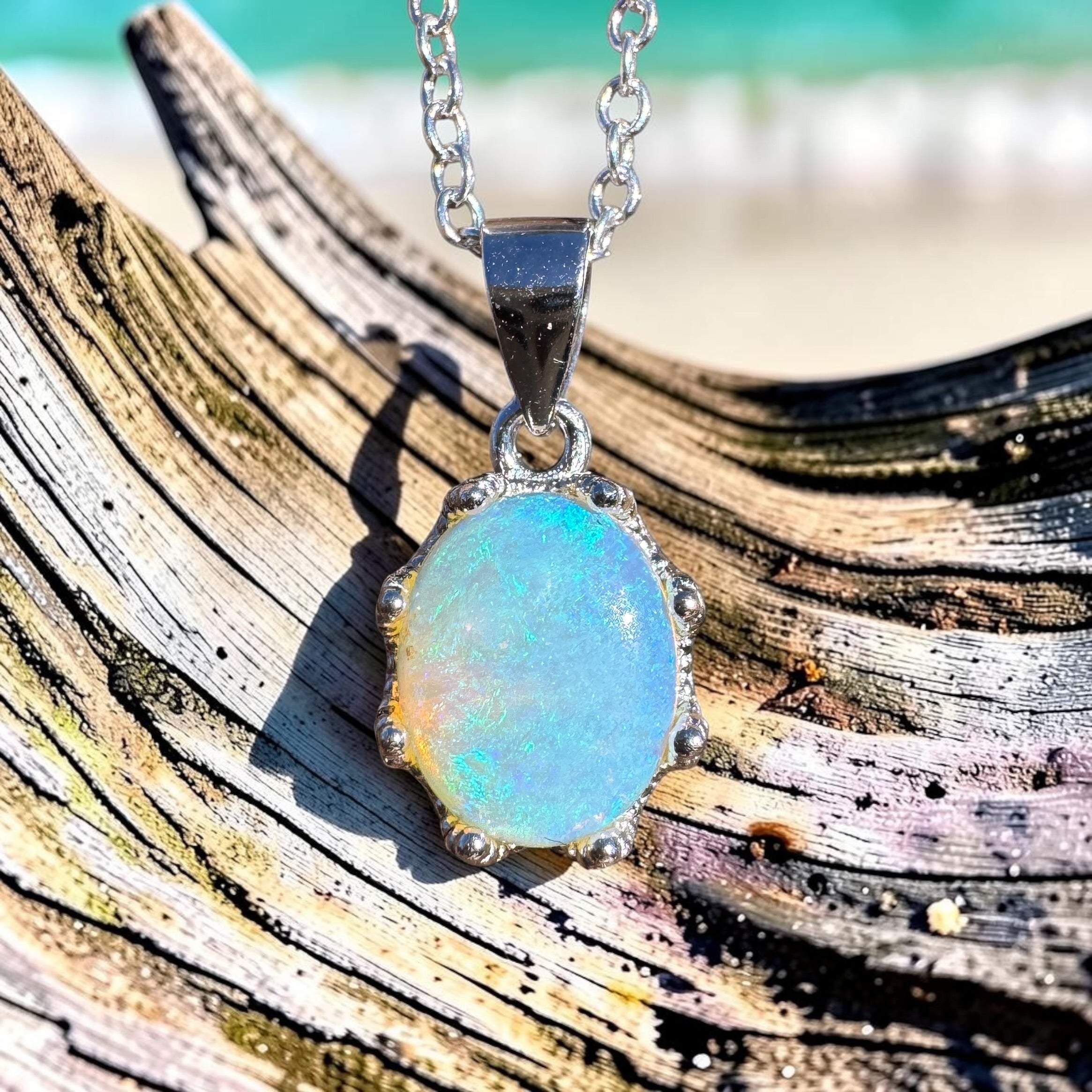 1ct Coober Pedy Opal Pendant Necklace ~ 'Port Douglas Blue' | 925 Sterling Silver | Solid Australian Opal