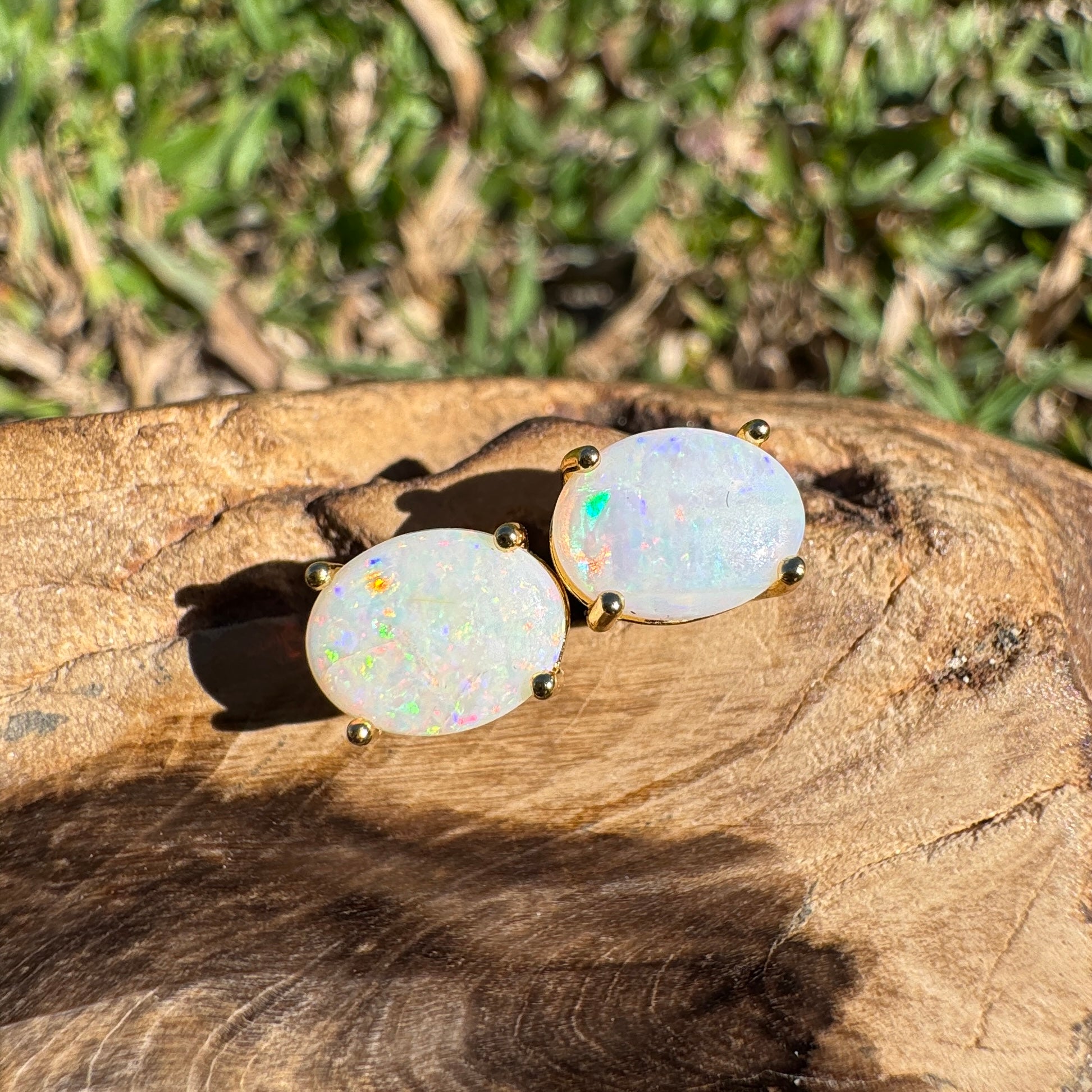 1.6ct Coober Pedy Opal Earrings ~ 'Burleigh Heads Rainbow' | Yellow Gold Coated 925 Sterling Silver | Solid Australian Opal