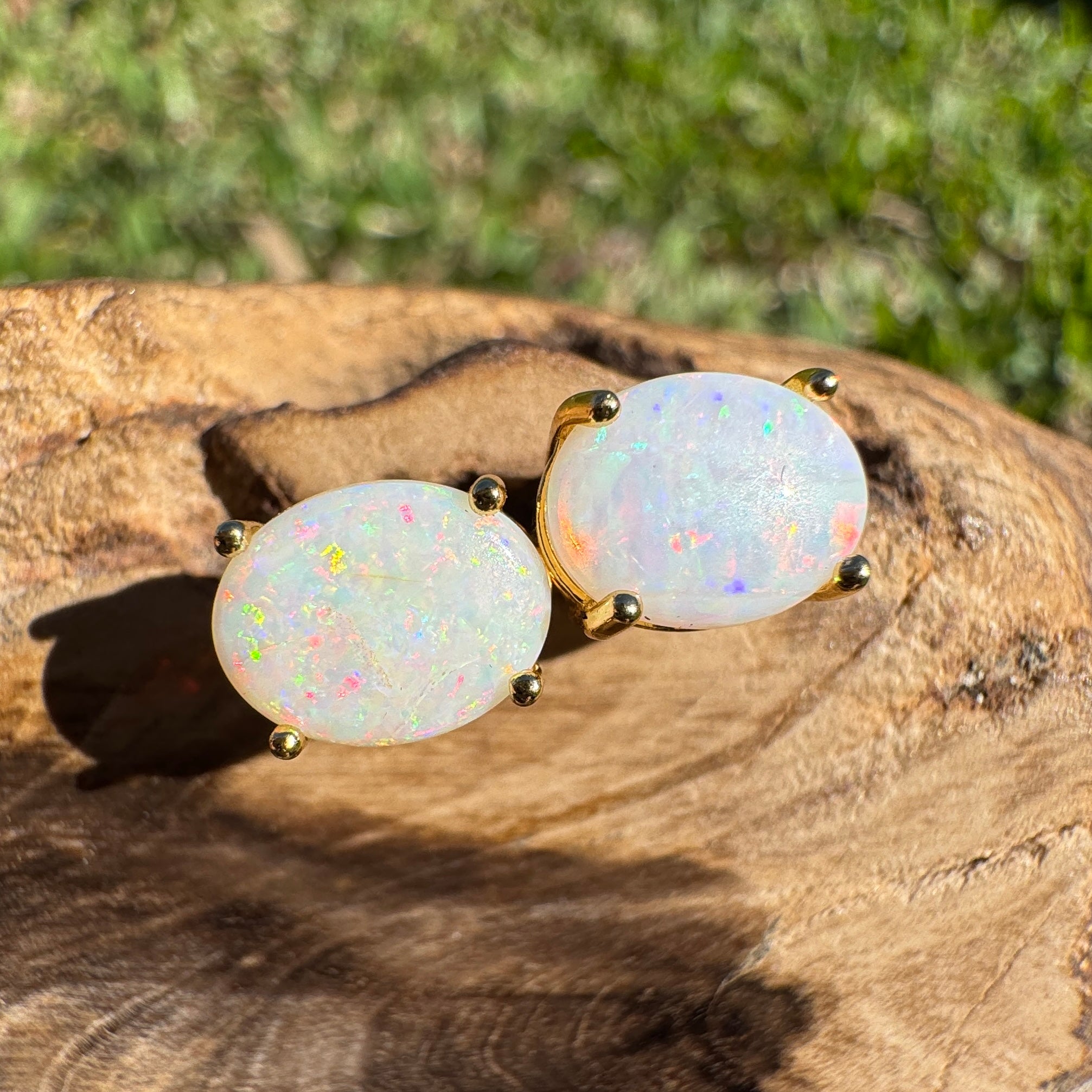 1.6ct Coober Pedy Opal Earrings ~ 'Burleigh Heads Rainbow' | Yellow Gold Coated 925 Sterling Silver | Solid Australian Opal