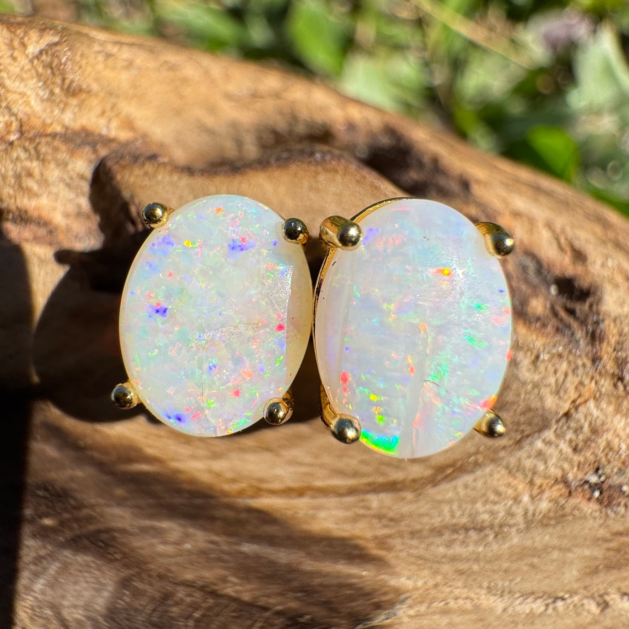1.6ct Coober Pedy Opal Earrings ~ 'Burleigh Heads Rainbow' | Yellow Gold Coated 925 Sterling Silver | Solid Australian Opal