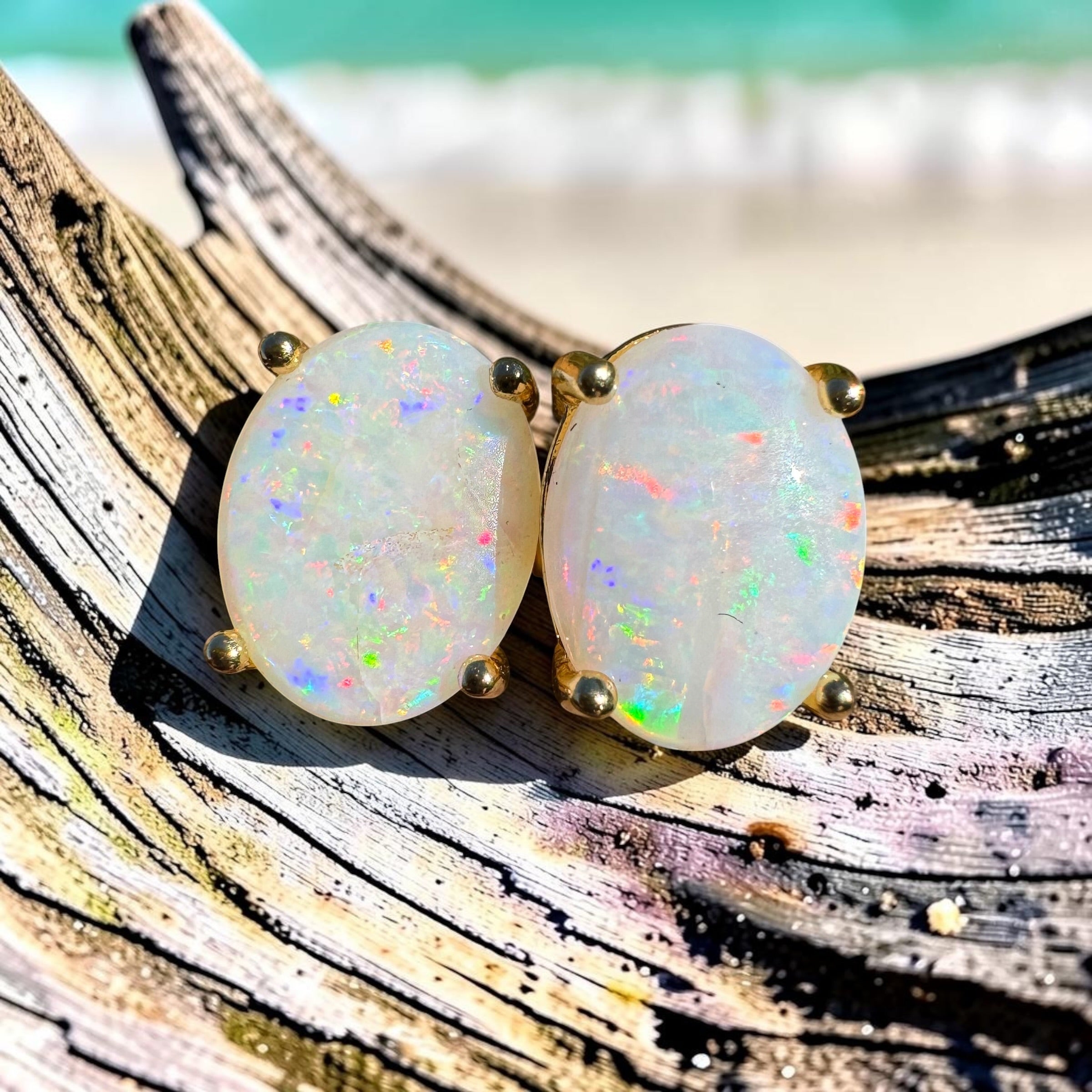 1.6ct Coober Pedy Opal Earrings ~ 'Burleigh Heads Rainbow' | Yellow Gold Coated 925 Sterling Silver | Solid Australian Opal