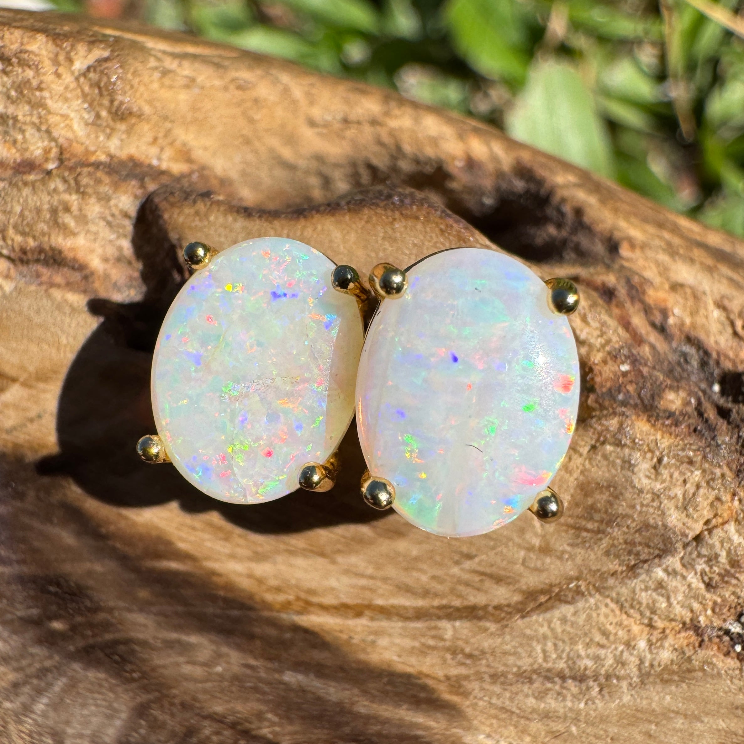 1.6ct Coober Pedy Opal Earrings ~ 'Burleigh Heads Rainbow' | Yellow Gold Coated 925 Sterling Silver | Solid Australian Opal