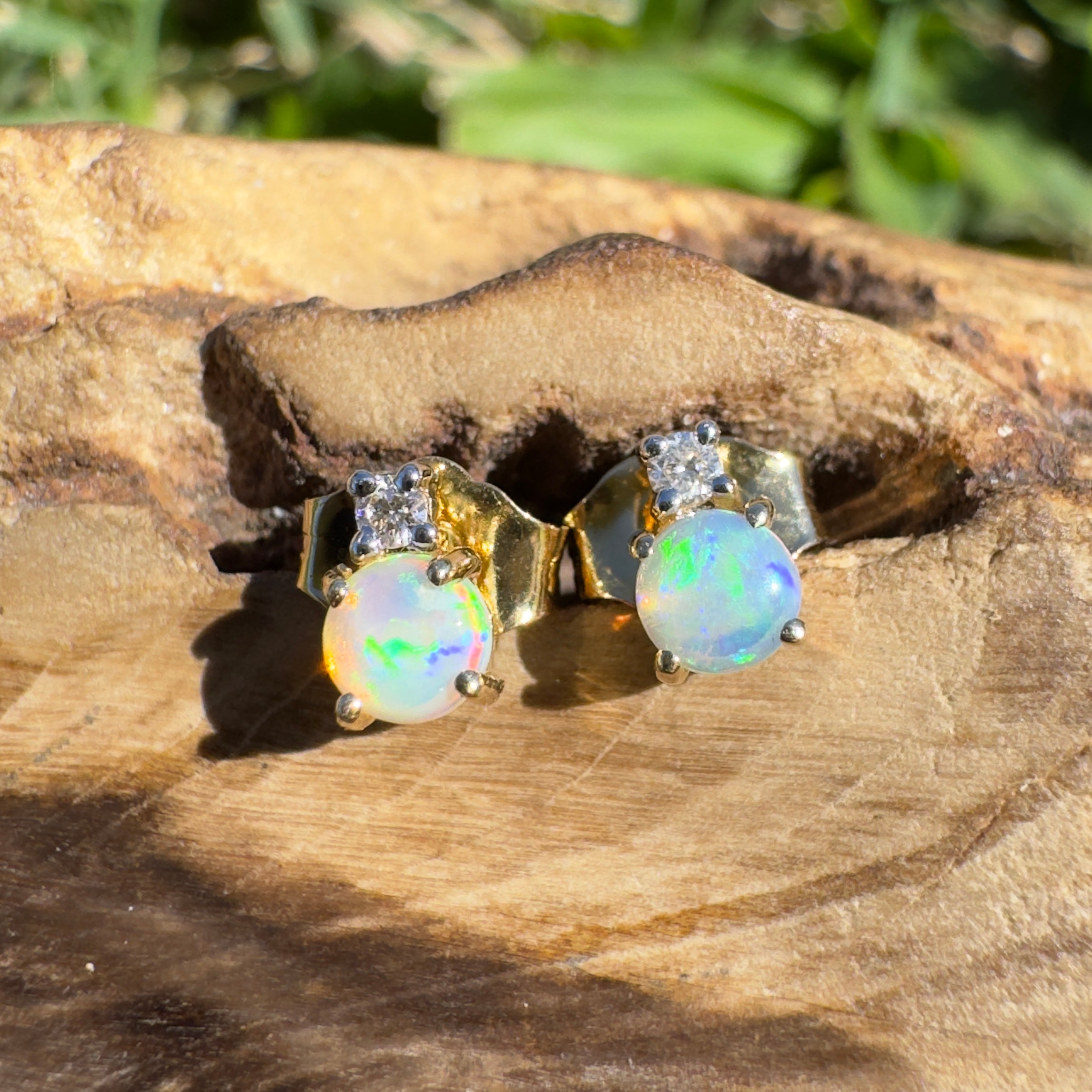 0.8ct Coober Pedy Opal Earrings ~ 'Kuranda Green' | 14ct Yellow Gold | Solid Australian Opal