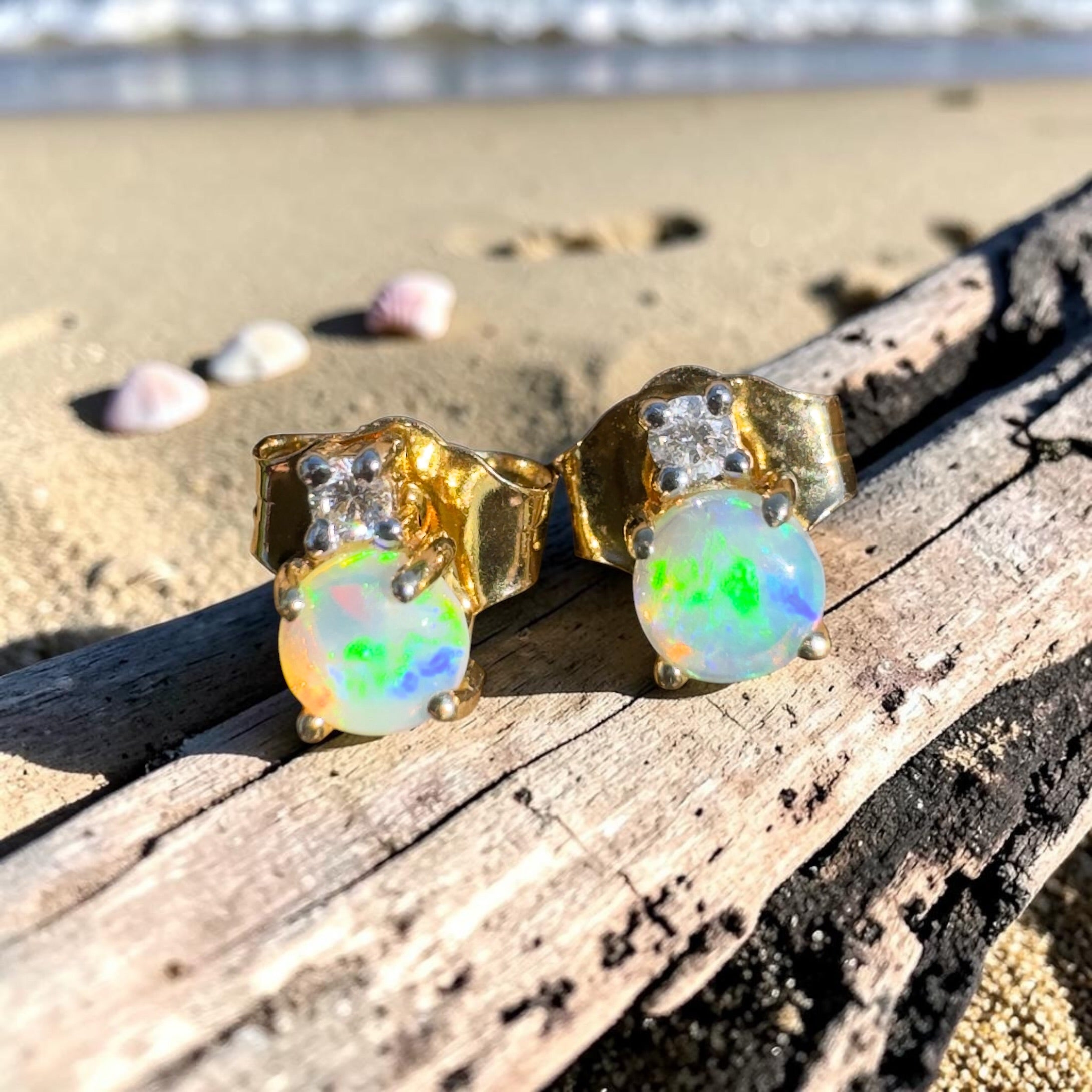 0.8ct Coober Pedy Opal Earrings ~ 'Kuranda Green' | 14ct Yellow Gold | Solid Australian Opal