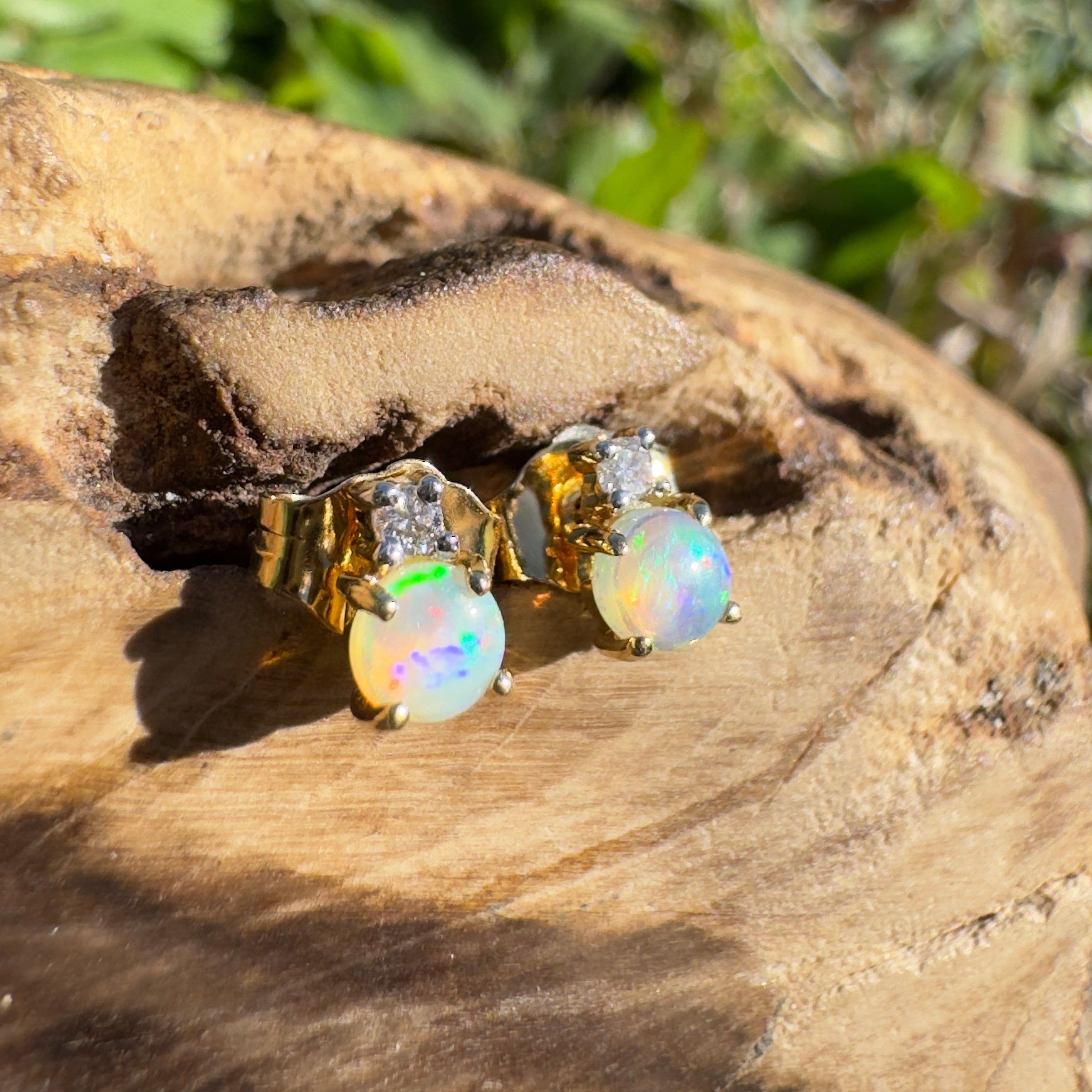 0.8ct Coober Pedy Opal Earrings ~ 'Kuranda Green' | 14ct Yellow Gold | Solid Australian Opal