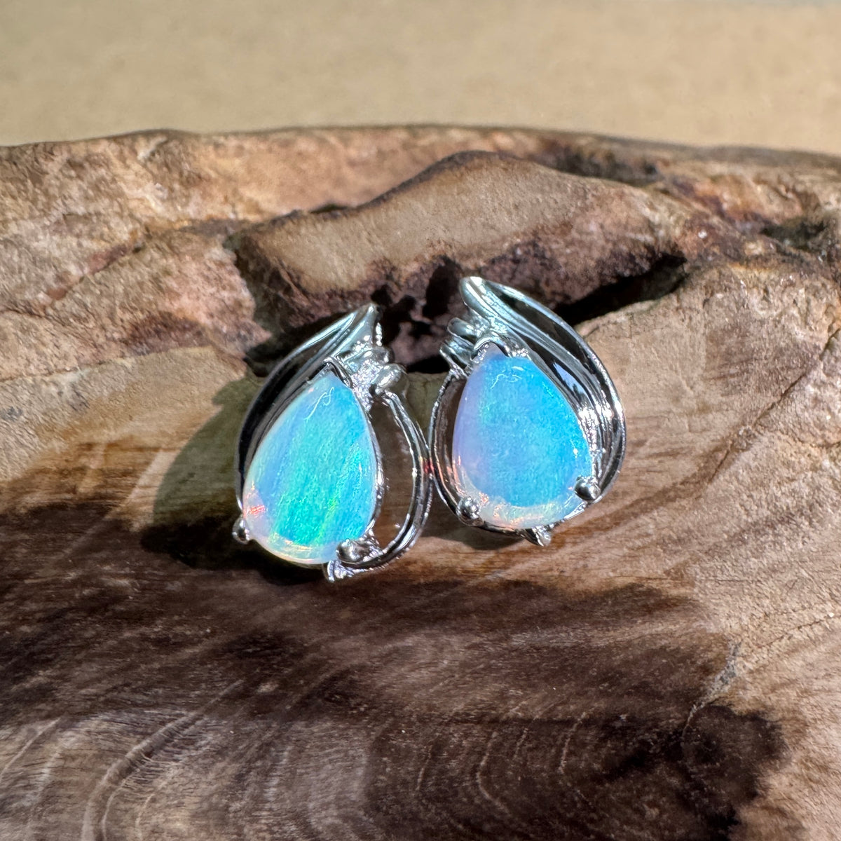 1ct Coober Pedy Crystal Opal Stud Earrings ~ 'Lake McKenzie Blue' | 925 Sterling Silver | Solid Australian Opal