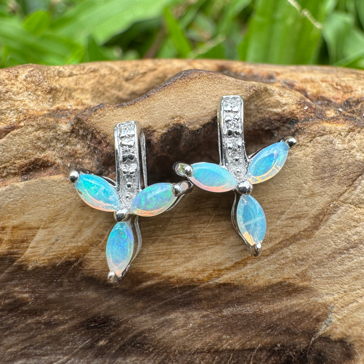 0.6ct Coober Pedy Crystal Opal Stud Earrings ~ 'Mount Kaputar Green' | 925 Sterling Silver | Solid Australian Opal