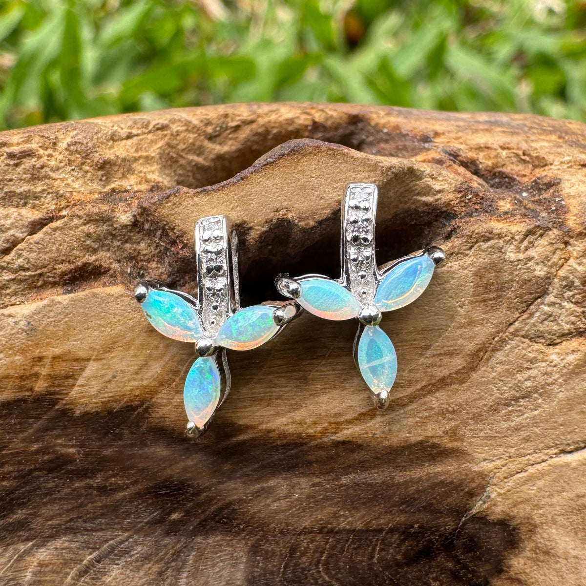 0.6ct Coober Pedy Crystal Opal Stud Earrings ~ 'Mount Kaputar Green' | 925 Sterling Silver | Solid Australian Opal