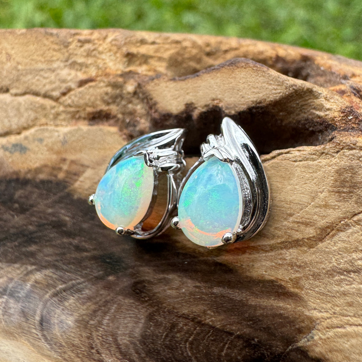 1ct Coober Pedy Crystal Opal Stud Earrings ~ 'Cathedral Gorge Green' | 925 Sterling Silver | Solid Australian Opal