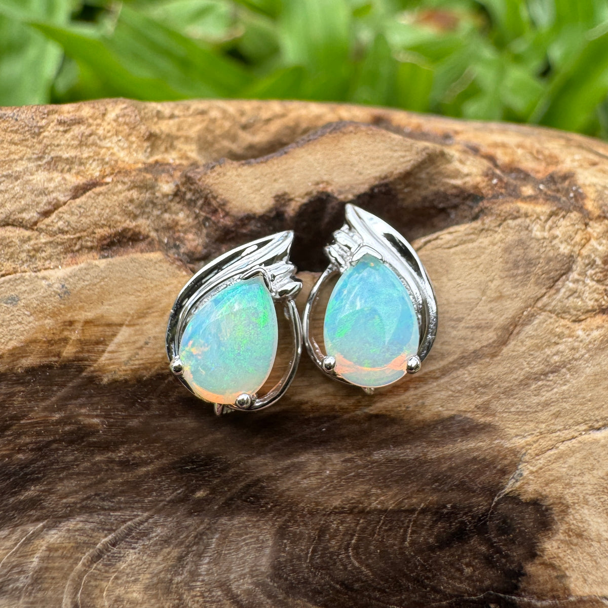 1ct Coober Pedy Crystal Opal Stud Earrings ~ 'Cathedral Gorge Green' | 925 Sterling Silver | Solid Australian Opal