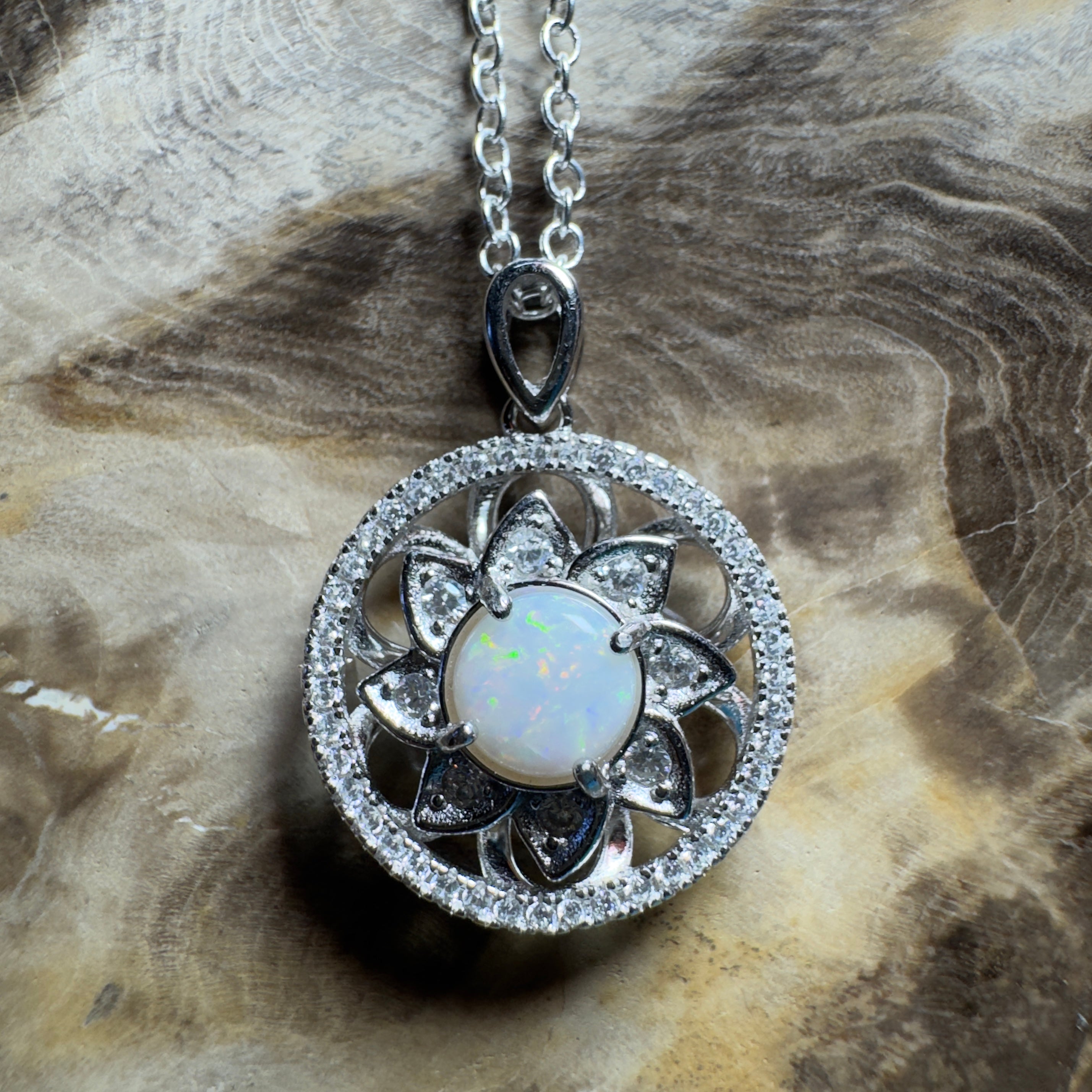 0.8ct Coober Pedy Opal Pendant Necklace ~ 'Whitsunday Reef Halo' | 925 Sterling Silver | Solid Australian Opal