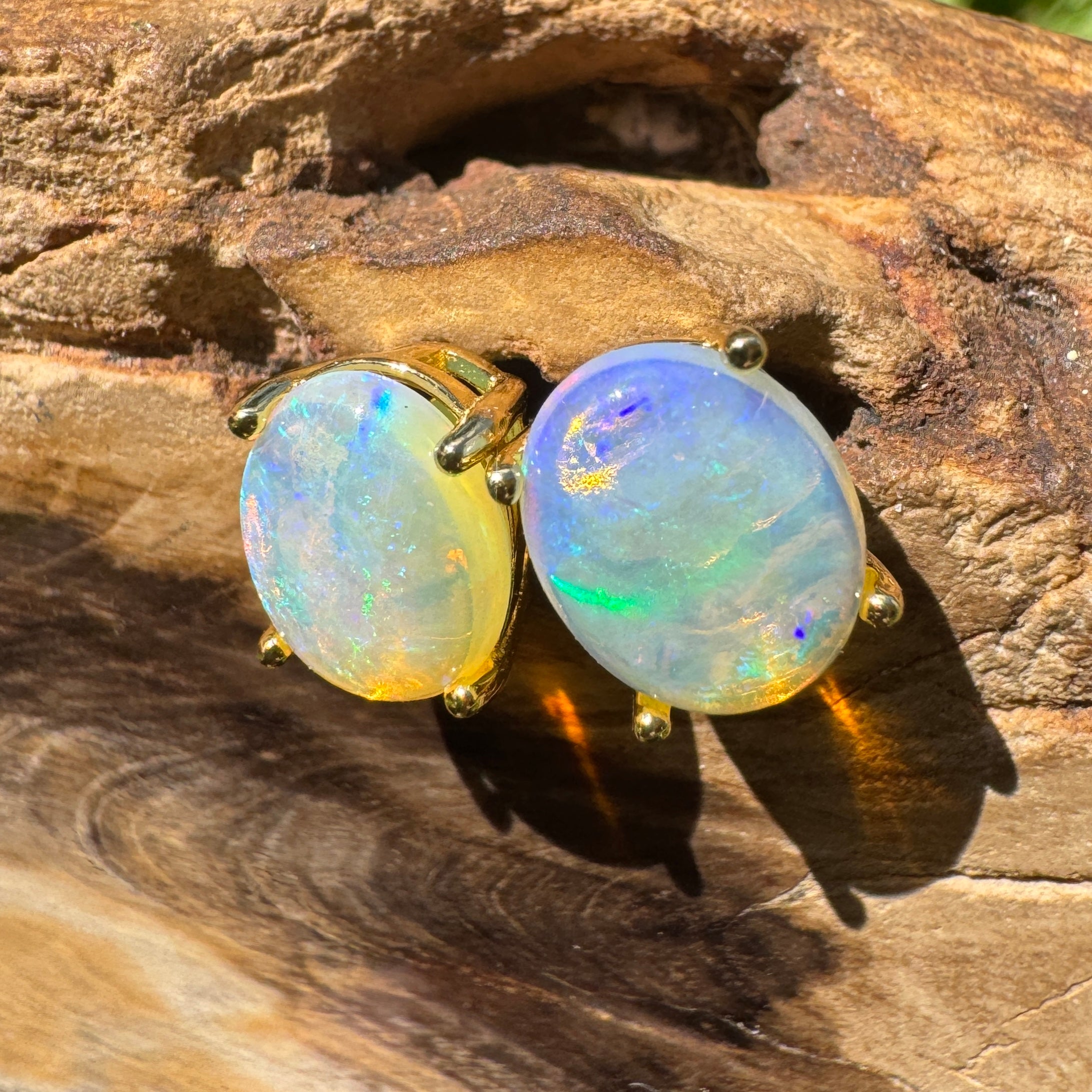 1.8ct Coober Pedy Opal Earrings ~ 'Shipsterns Bluff Blue' | Yellow Gold Coated 925 Sterling Silver | Solid Australian Opal