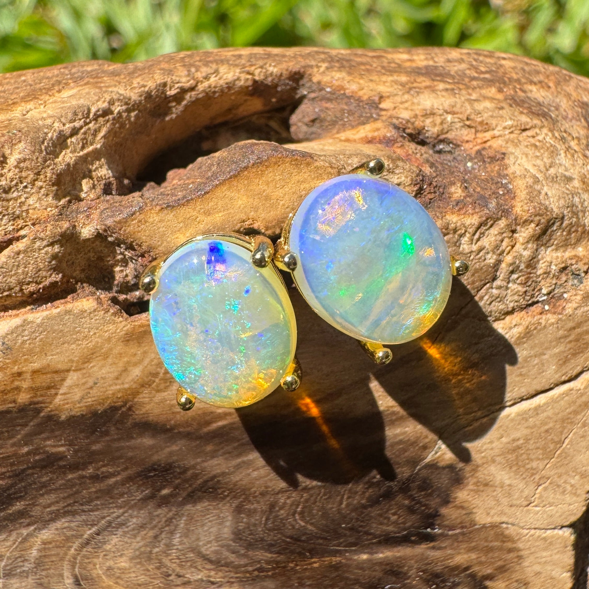 1.8ct Coober Pedy Opal Earrings ~ 'Shipsterns Bluff Blue' | Yellow Gold Coated 925 Sterling Silver | Solid Australian Opal