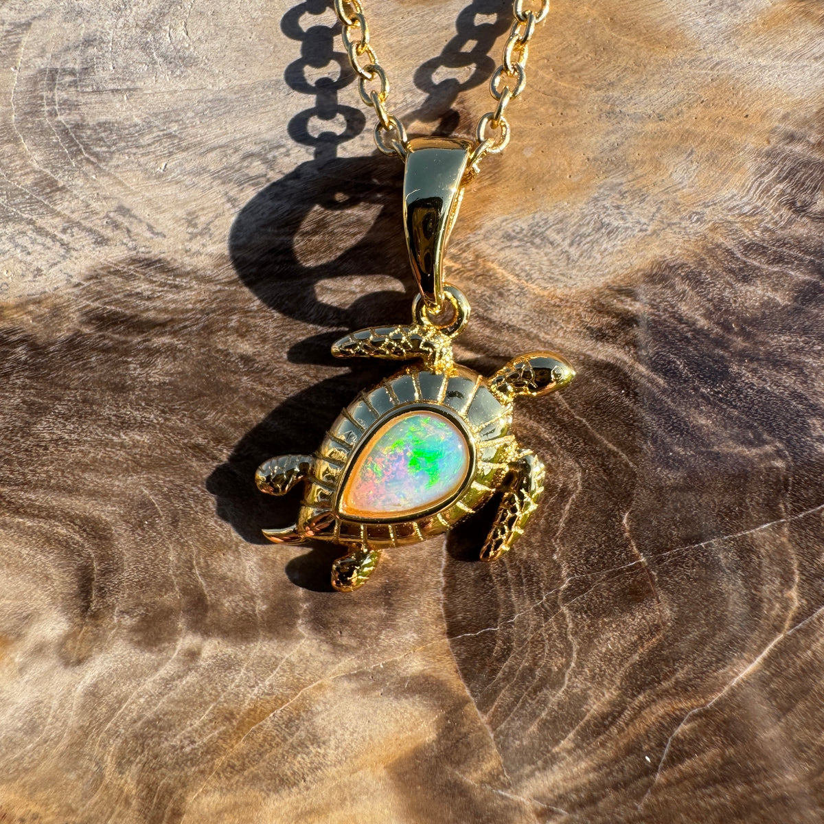 0.4ct Coober Pedy Opal Turtle Pendant Necklace ~ 'Mon Repos Shimmer' | Yellow Gold Coated 925 Sterling Silver | Solid Australian Opal