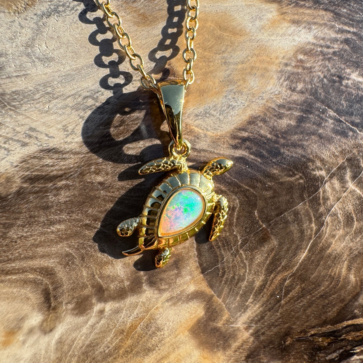 0.4ct Coober Pedy Opal Turtle Pendant Necklace ~ 'Mon Repos Shimmer' | Yellow Gold Coated 925 Sterling Silver | Solid Australian Opal
