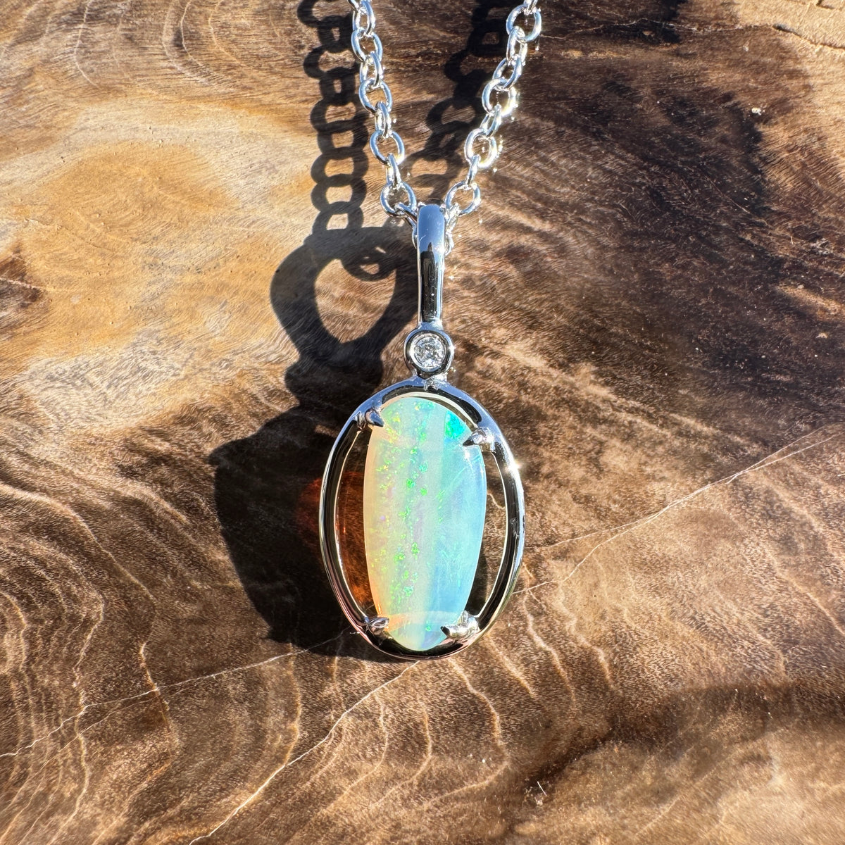 1.05ct Coober Pedy Crystal Opal & 0.01ct Diamond Pendant Necklace ~ 'Blue Pool Shimmer' | 14ct White Gold | Solid Australian Opal