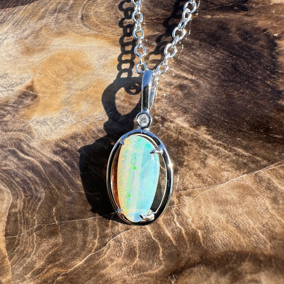 1.05ct Coober Pedy Crystal Opal & 0.01ct Diamond Pendant Necklace ~ 'Blue Pool Shimmer' | 14ct White Gold | Solid Australian Opal