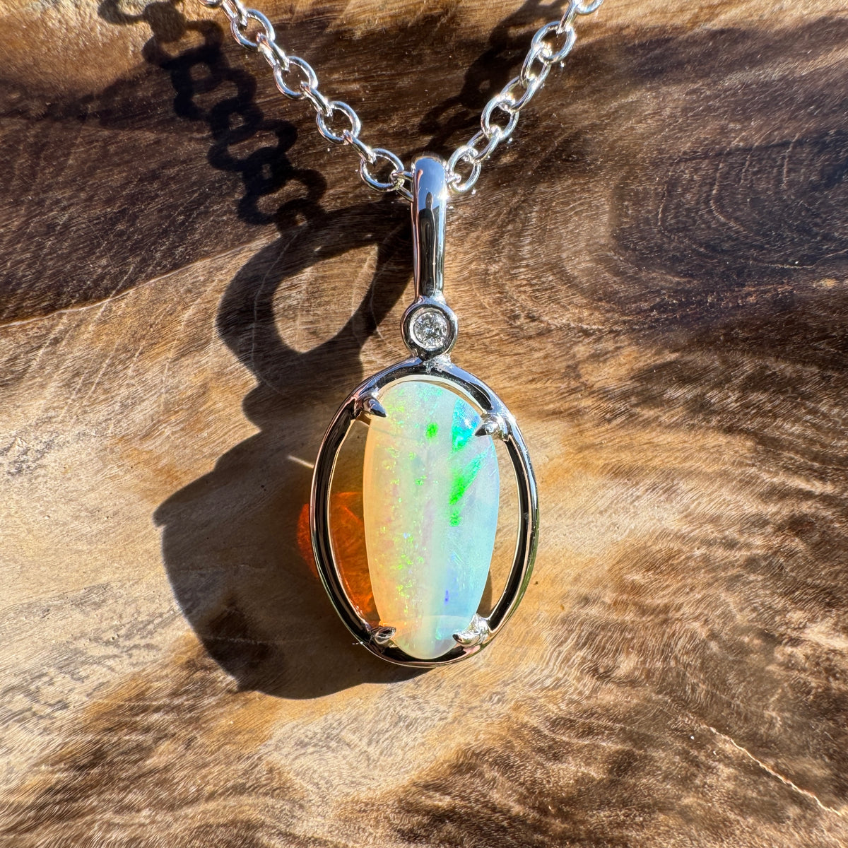 1.05ct Coober Pedy Crystal Opal & 0.01ct Diamond Pendant Necklace ~ 'Blue Pool Shimmer' | 14ct White Gold | Solid Australian Opal