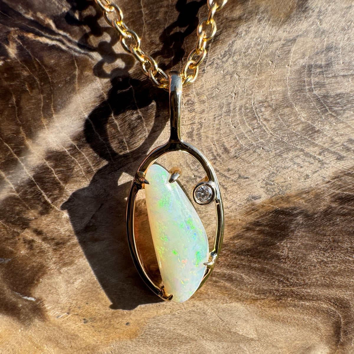 0.65ct Coober Pedy Opal & 0.01ct Diamond Pendant Necklace ~ 'Ubirr Sunset Gold' | 14ct Yellow Gold | Solid Australian Opal
